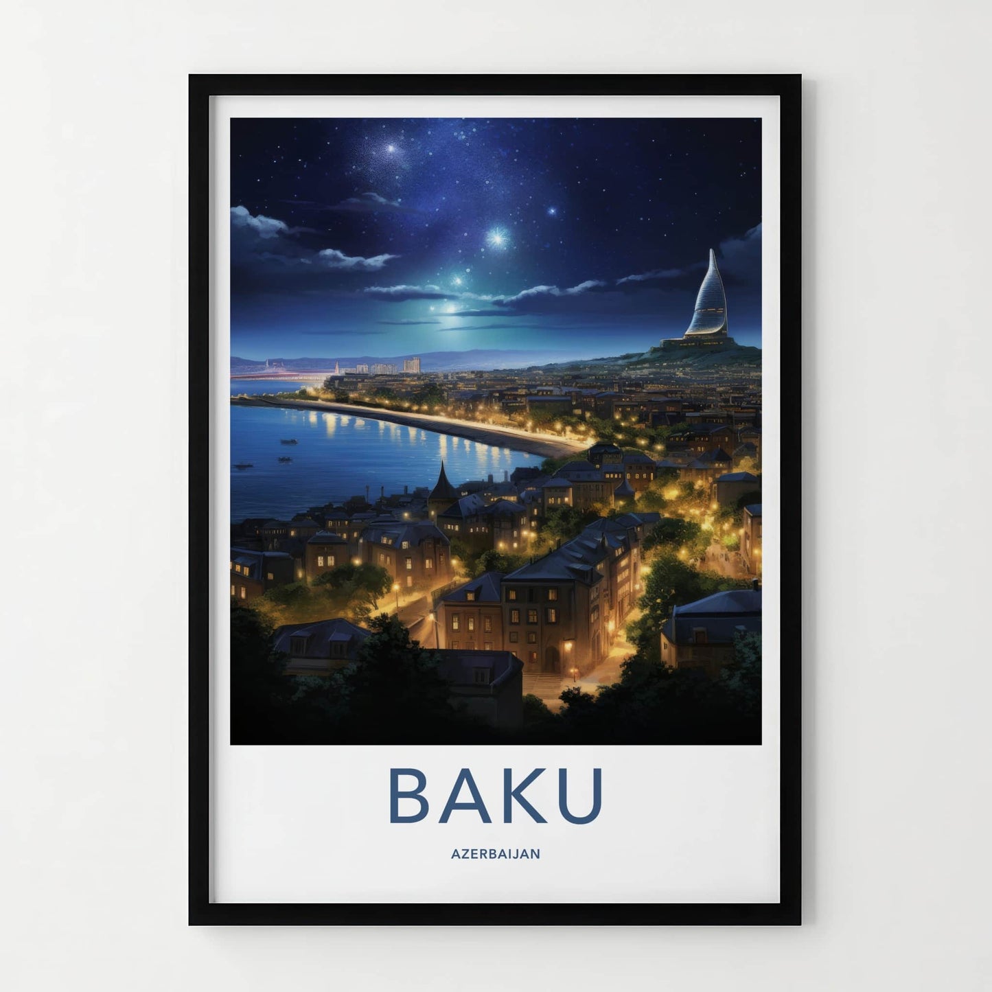 Baku Poster - Azerbaijan Wall Art - Starry City Skyline Home Decor