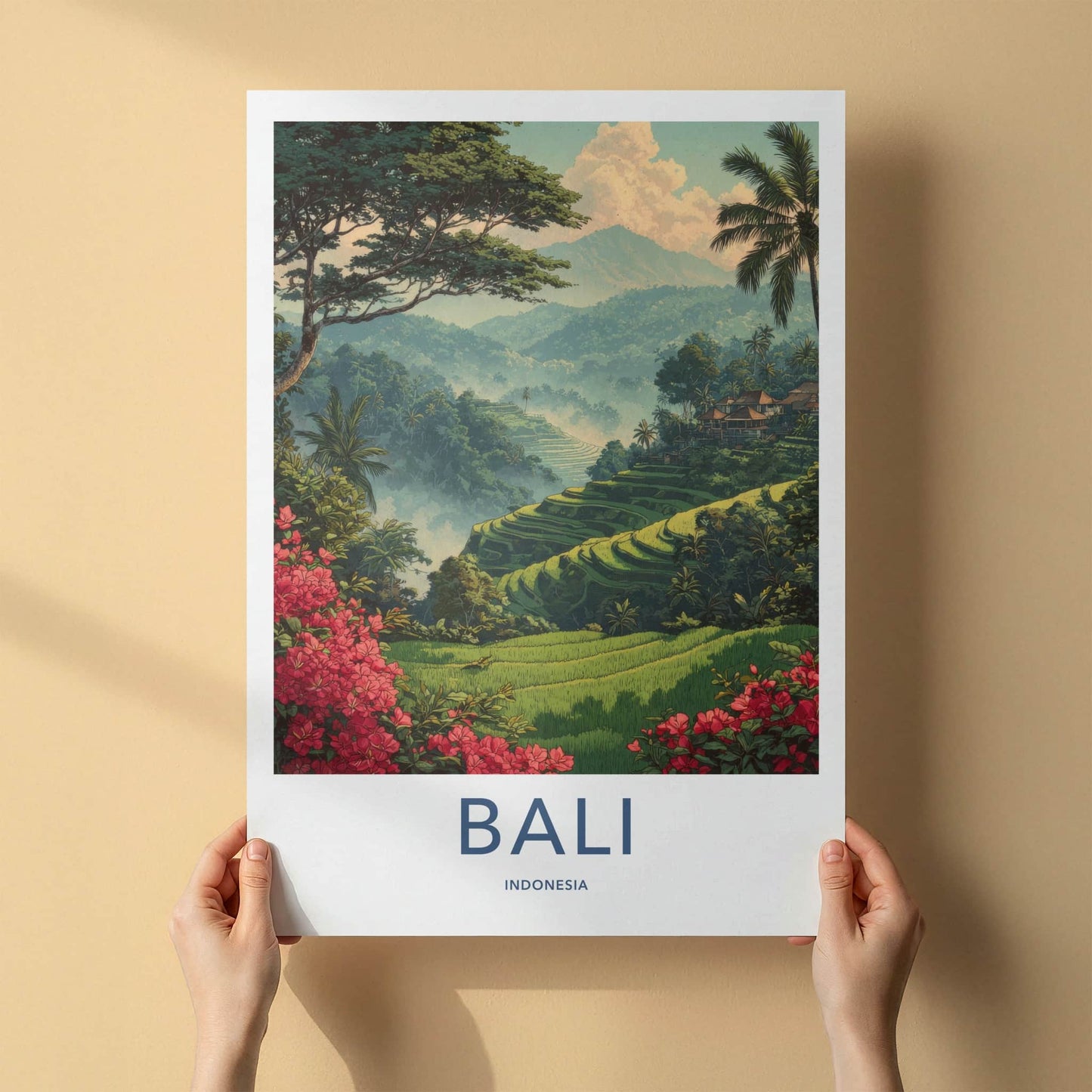 Bali Poster - Indonesia Travel Art - Misty Rice Fields Home Decor