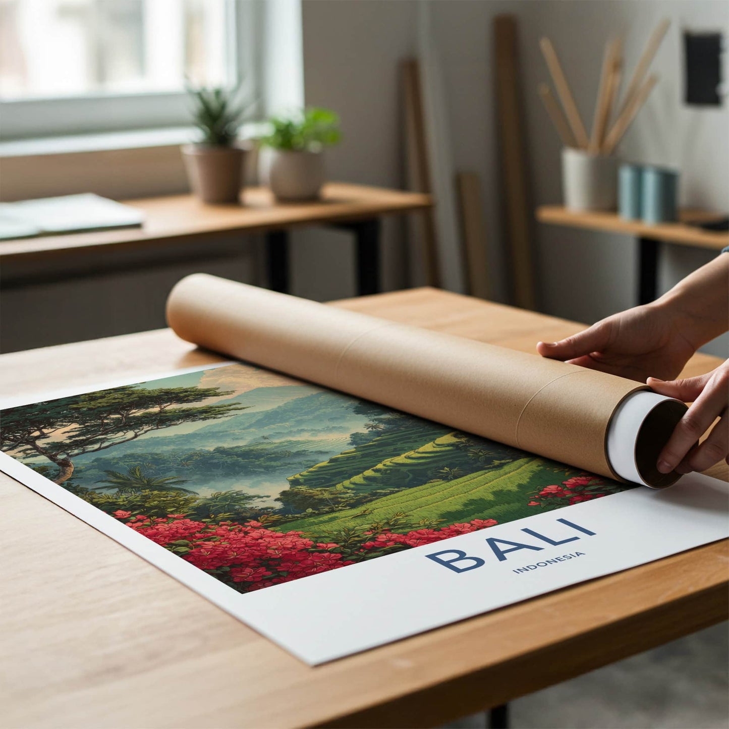 Bali Poster - Indonesia Travel Art - Misty Rice Fields Home Decor