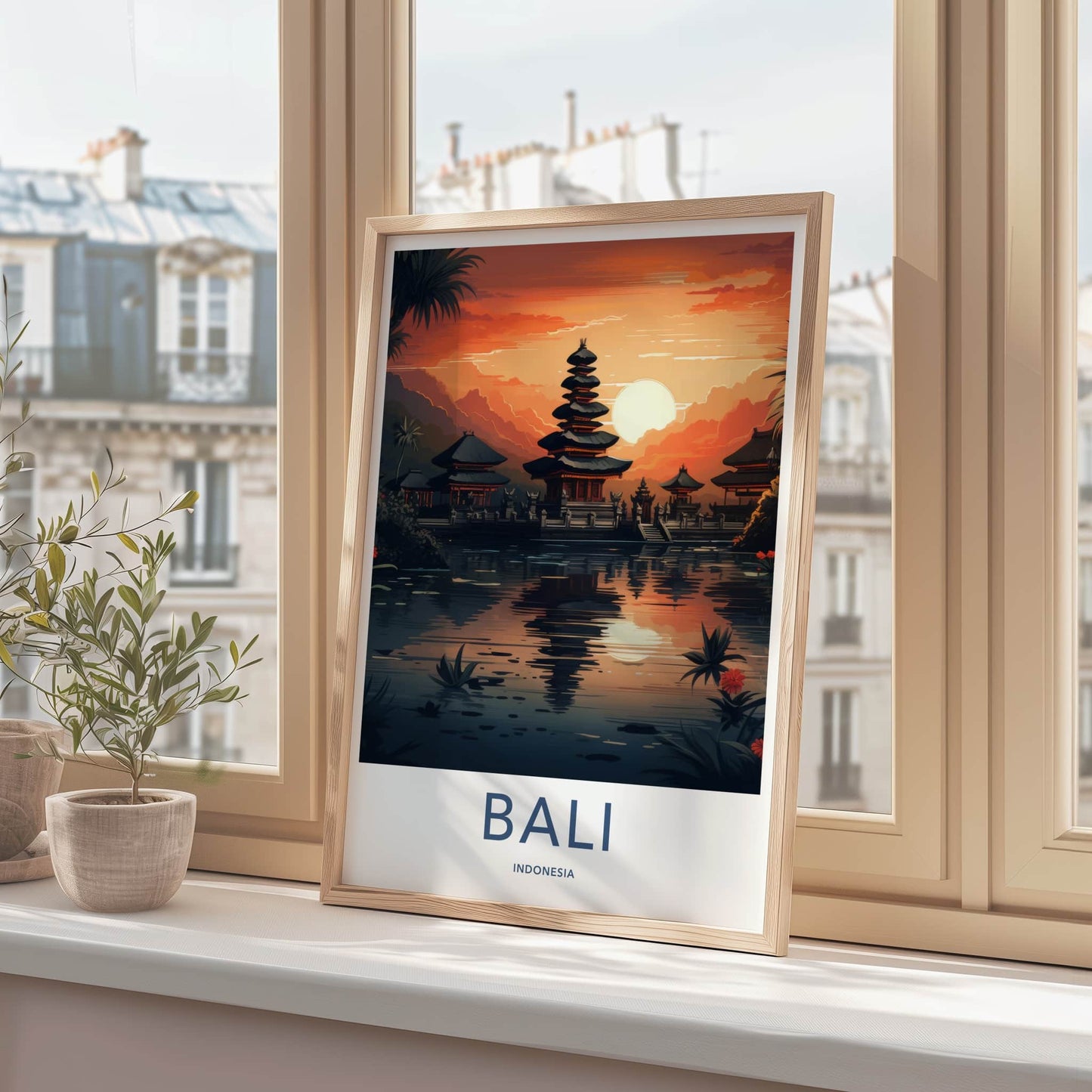 Bali Poster - Indonesia Travel Art - Sunset Temple Reflection Home Decor