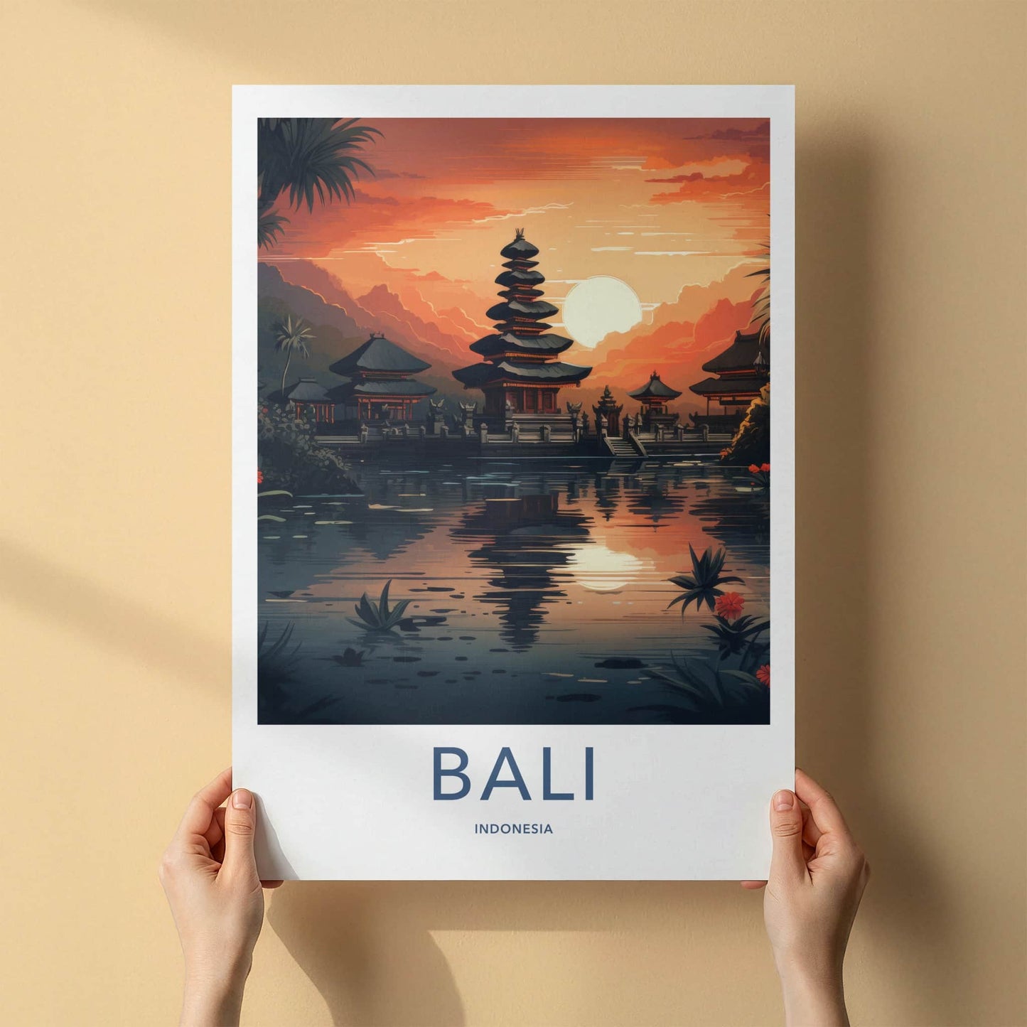Bali Poster - Indonesia Travel Art - Sunset Temple Reflection Home Decor