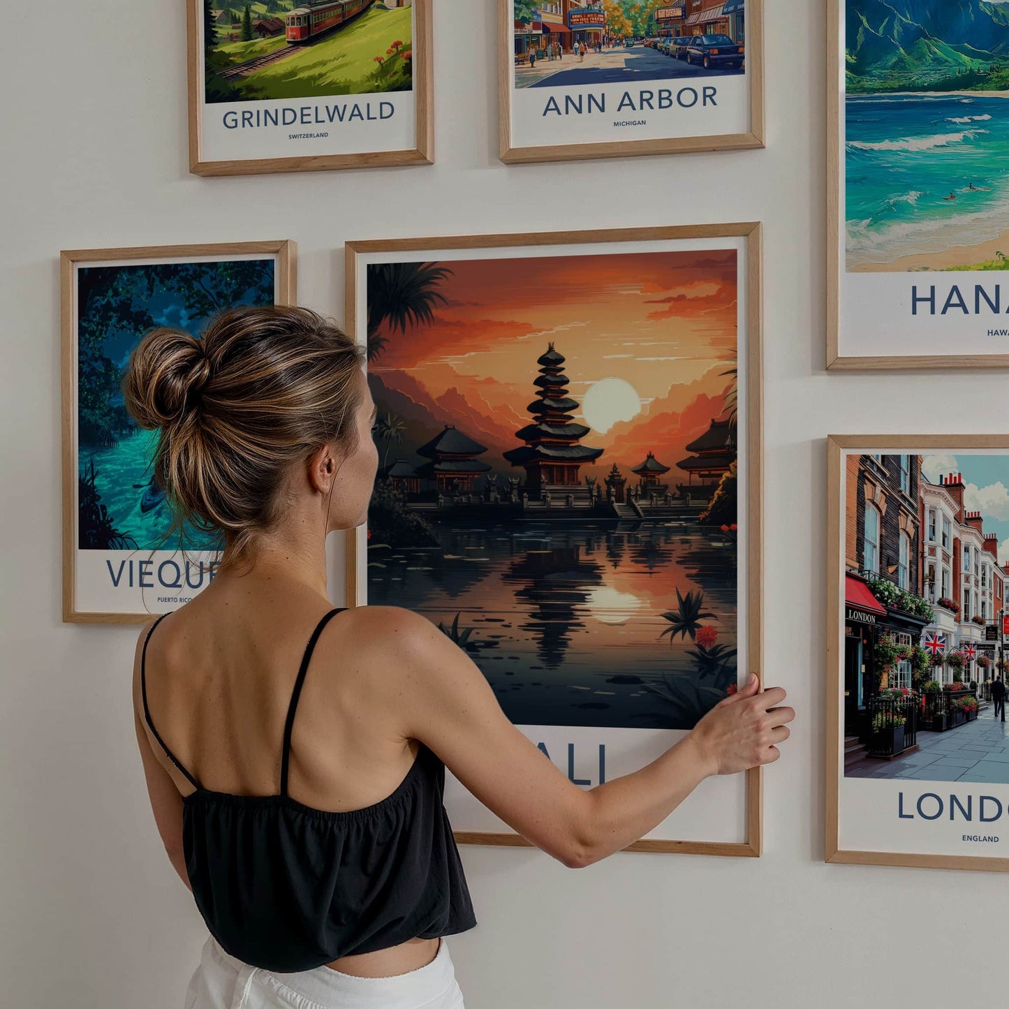 Bali Poster - Indonesia Travel Art - Sunset Temple Reflection Home Decor