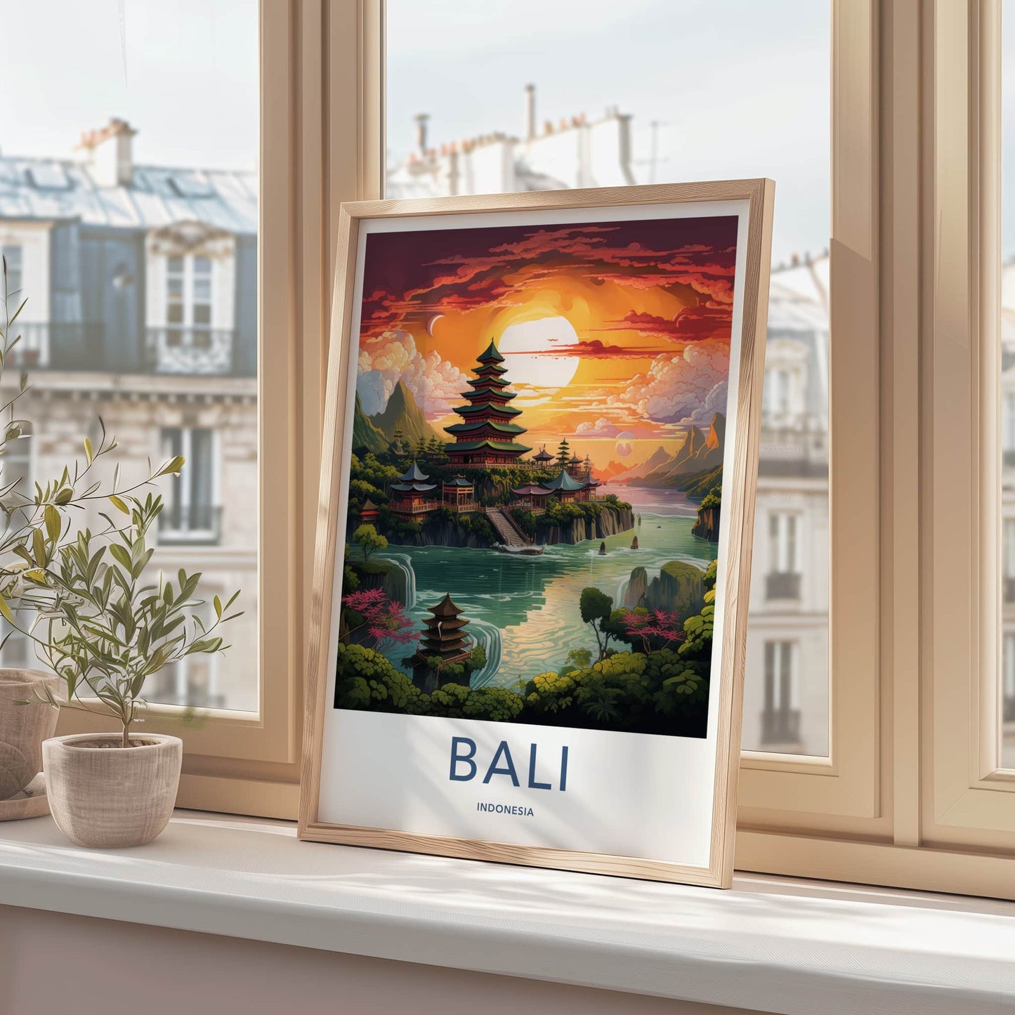 Bali Poster - Indonesia Travel Art - Temple River Sunset Home Decor