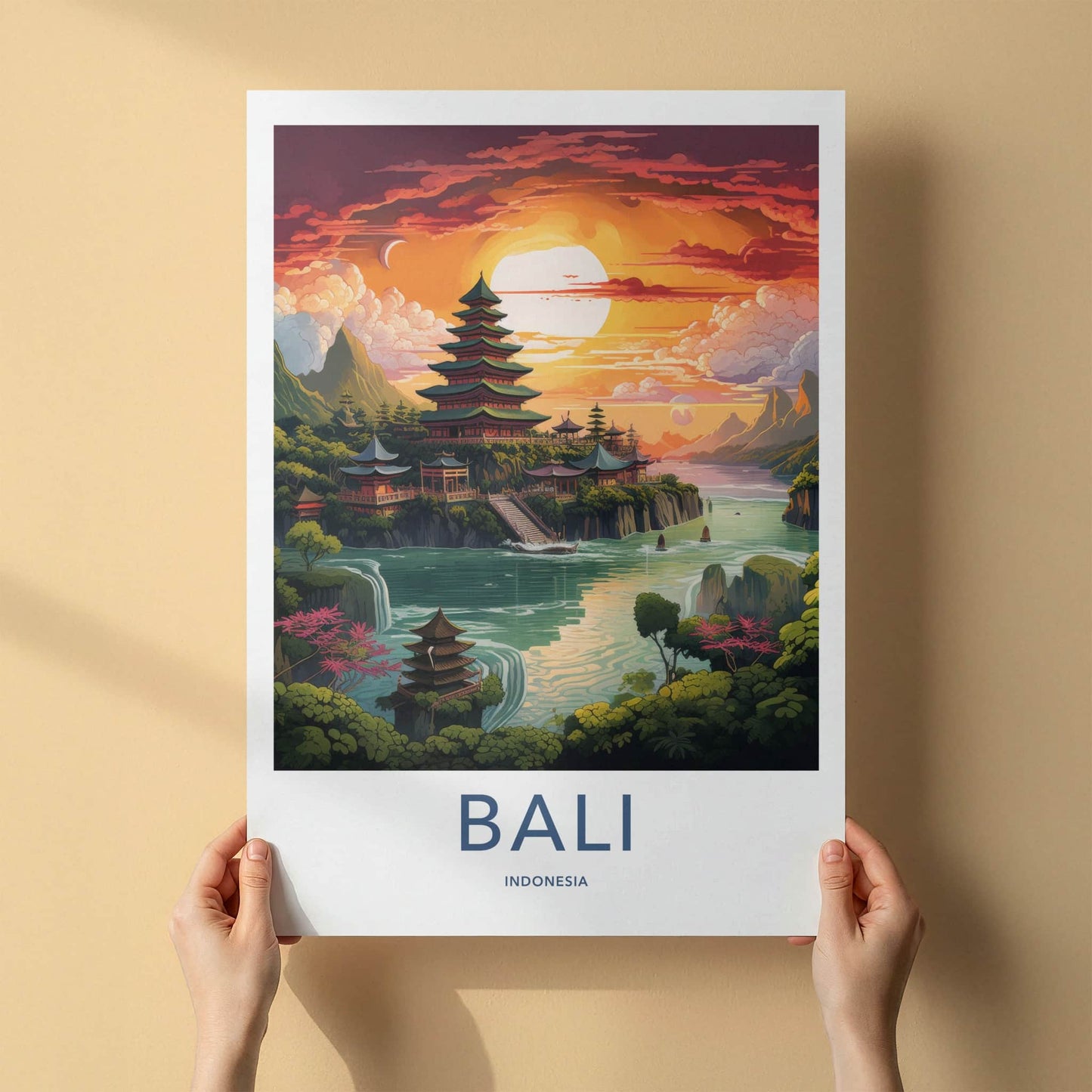 Bali Poster - Indonesia Travel Art - Temple River Sunset Home Decor