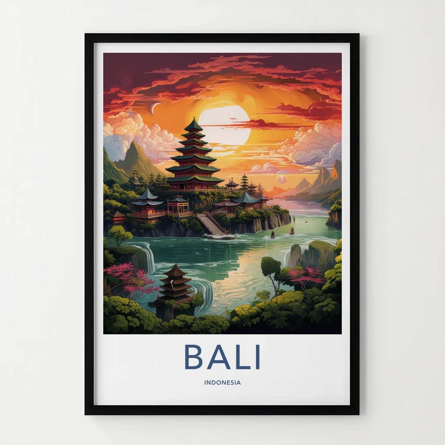 Bali Poster - Indonesia Travel Art - Temple River Sunset Home Decor