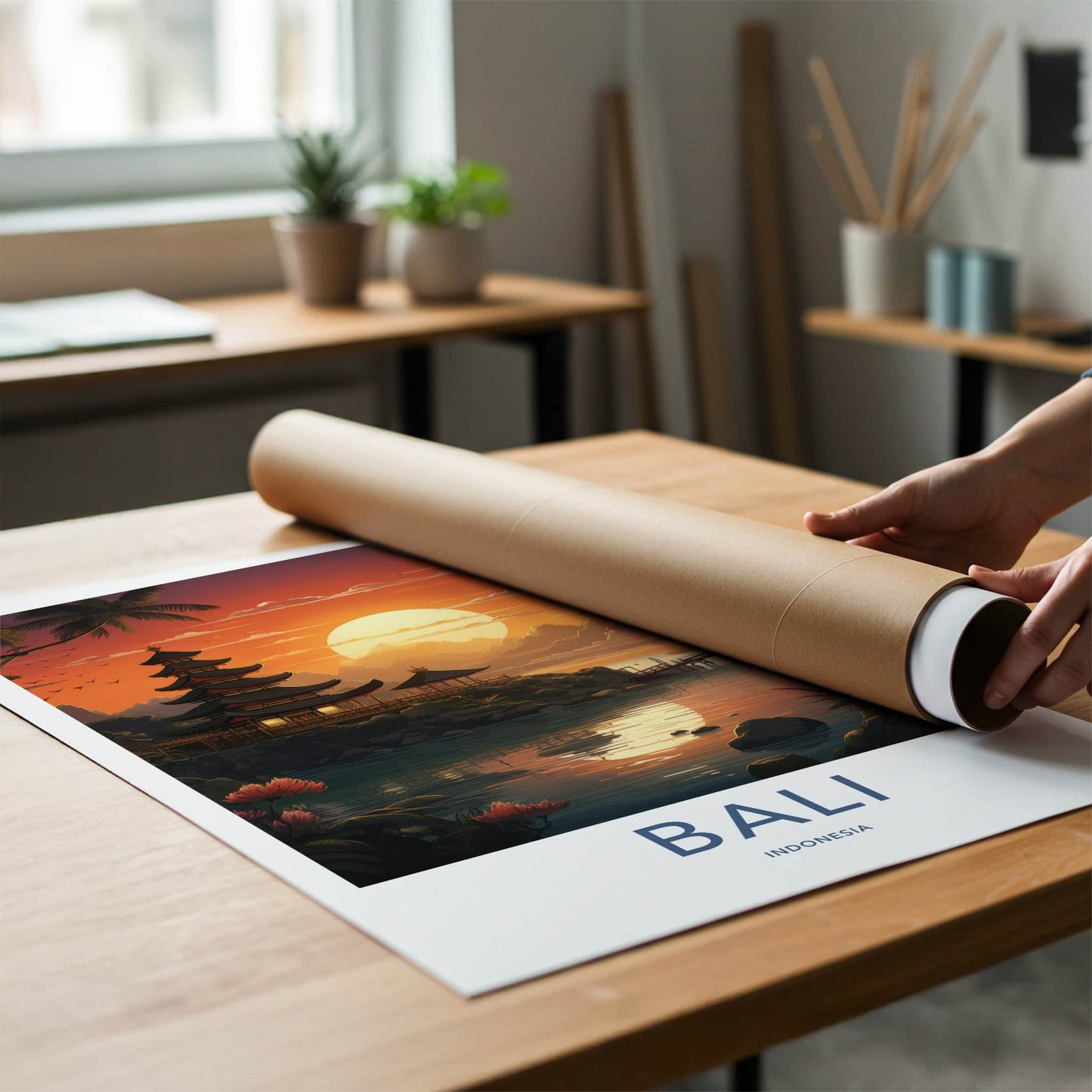 Bali Poster - Indonesia Travel Art - Tropical Temple Sunset Home Decor
