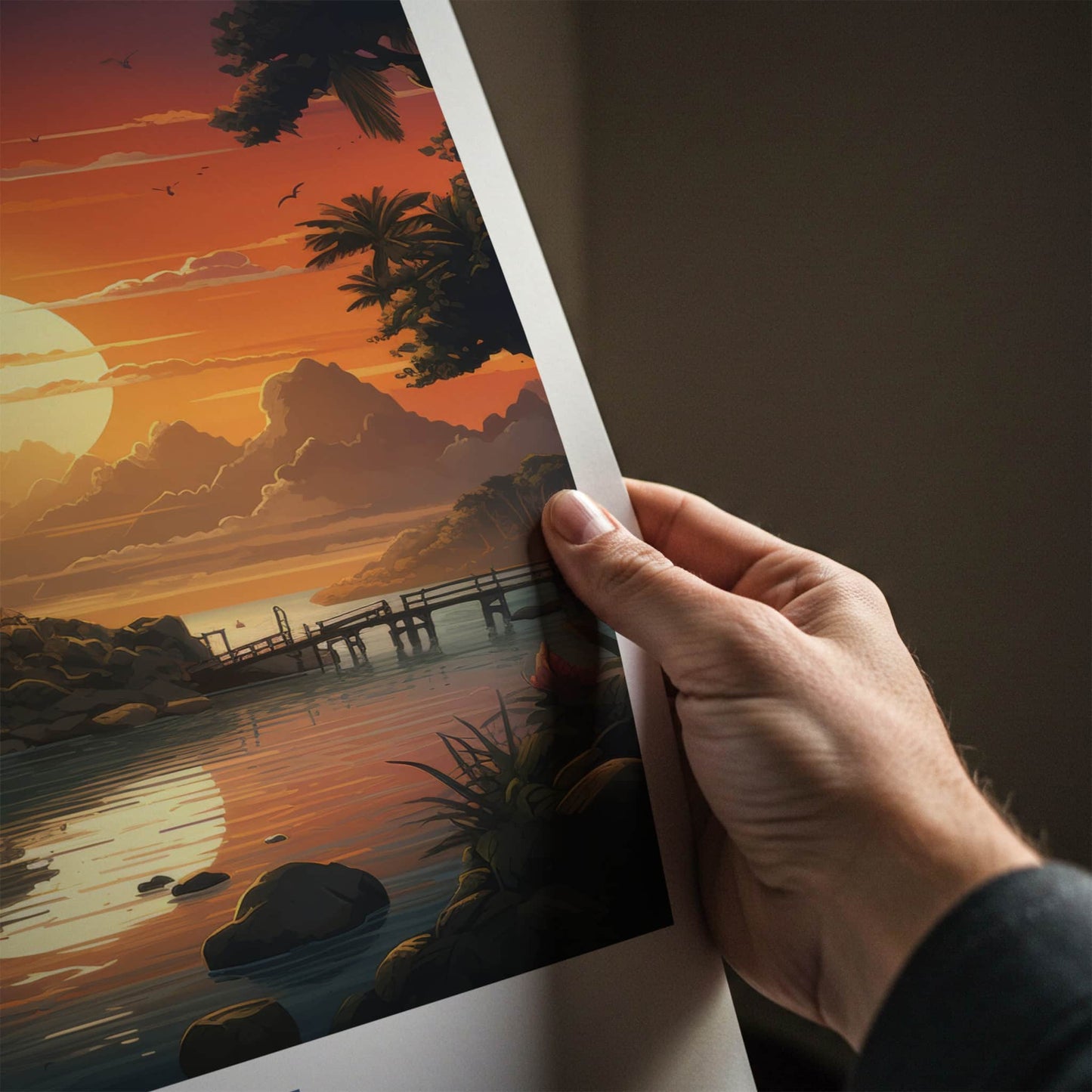 Bali Poster - Indonesia Travel Art - Tropical Temple Sunset Home Decor