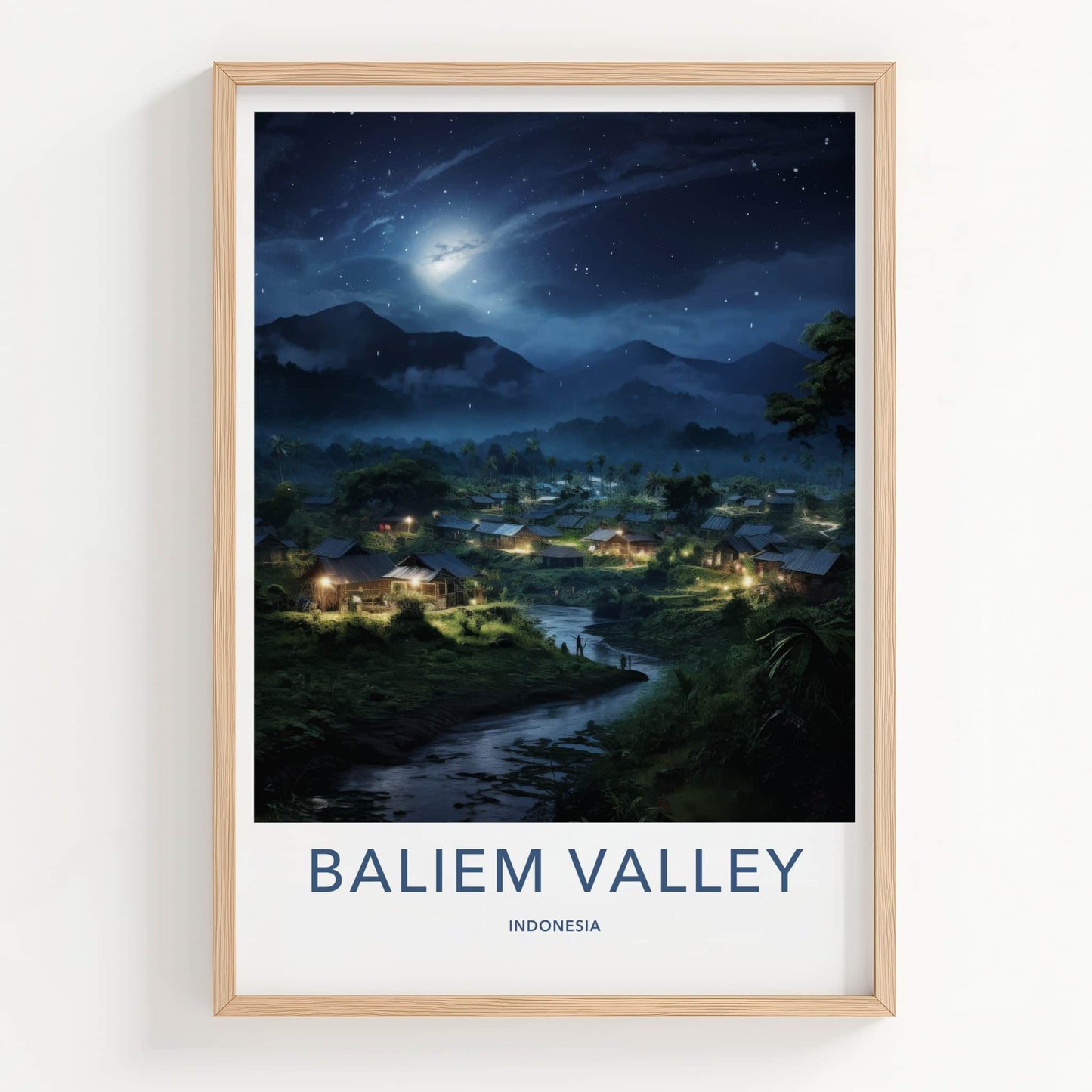 Baliem Valley Poster - Indonesia Travel Art - Moonlit Valley Village Home Decor