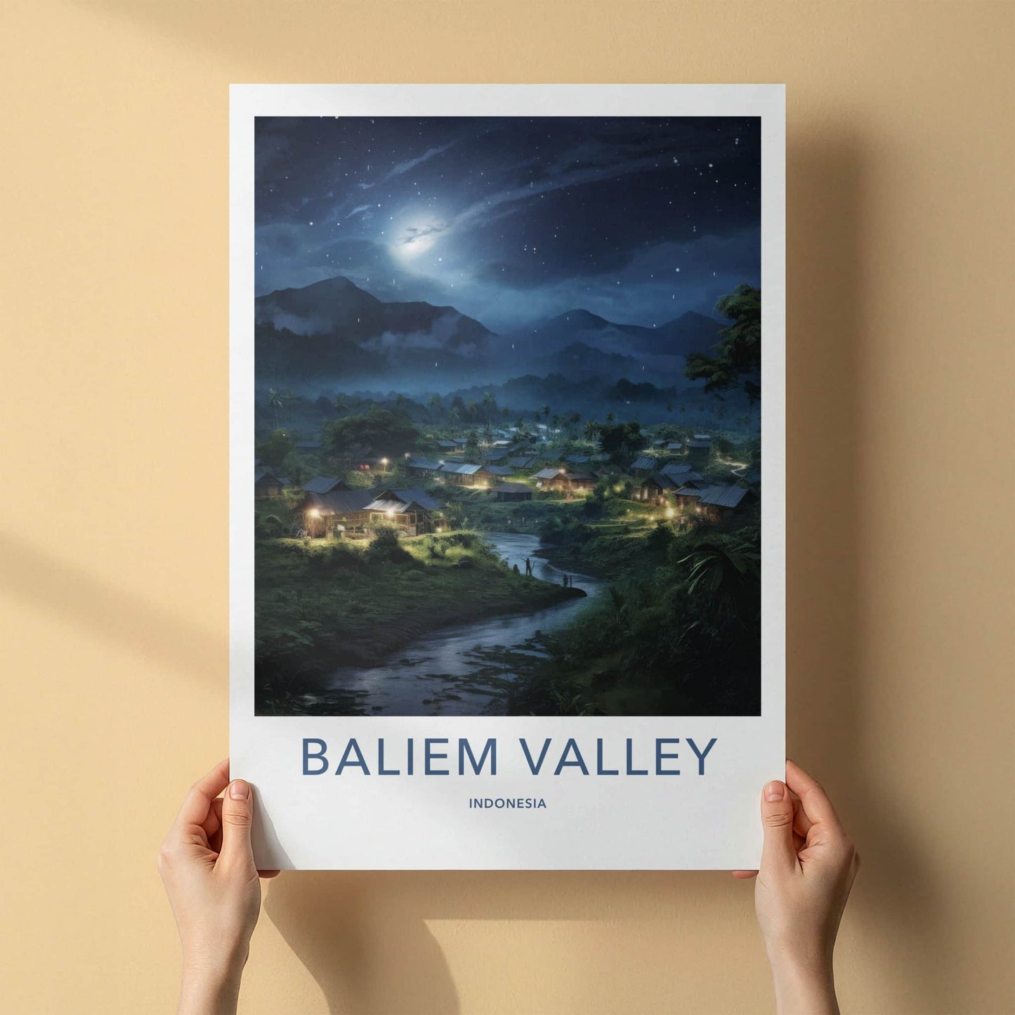 Baliem Valley Poster - Indonesia Travel Art - Moonlit Valley Village Home Decor