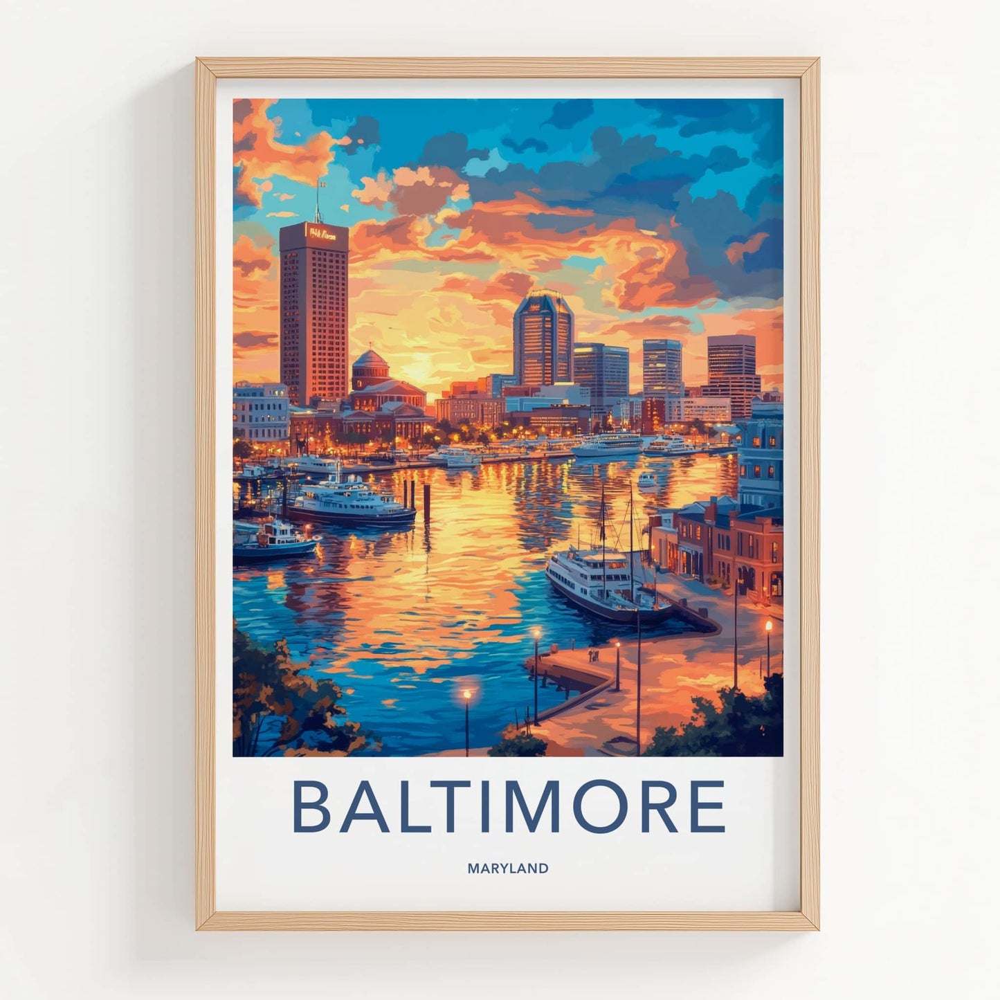 Baltimore Poster - Maryland Travel Art - Harbor Sunset Skyline Home Decor