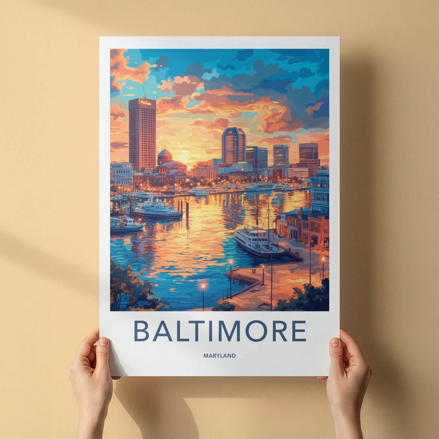 Baltimore Poster - Maryland Travel Art - Harbor Sunset Skyline Home Decor