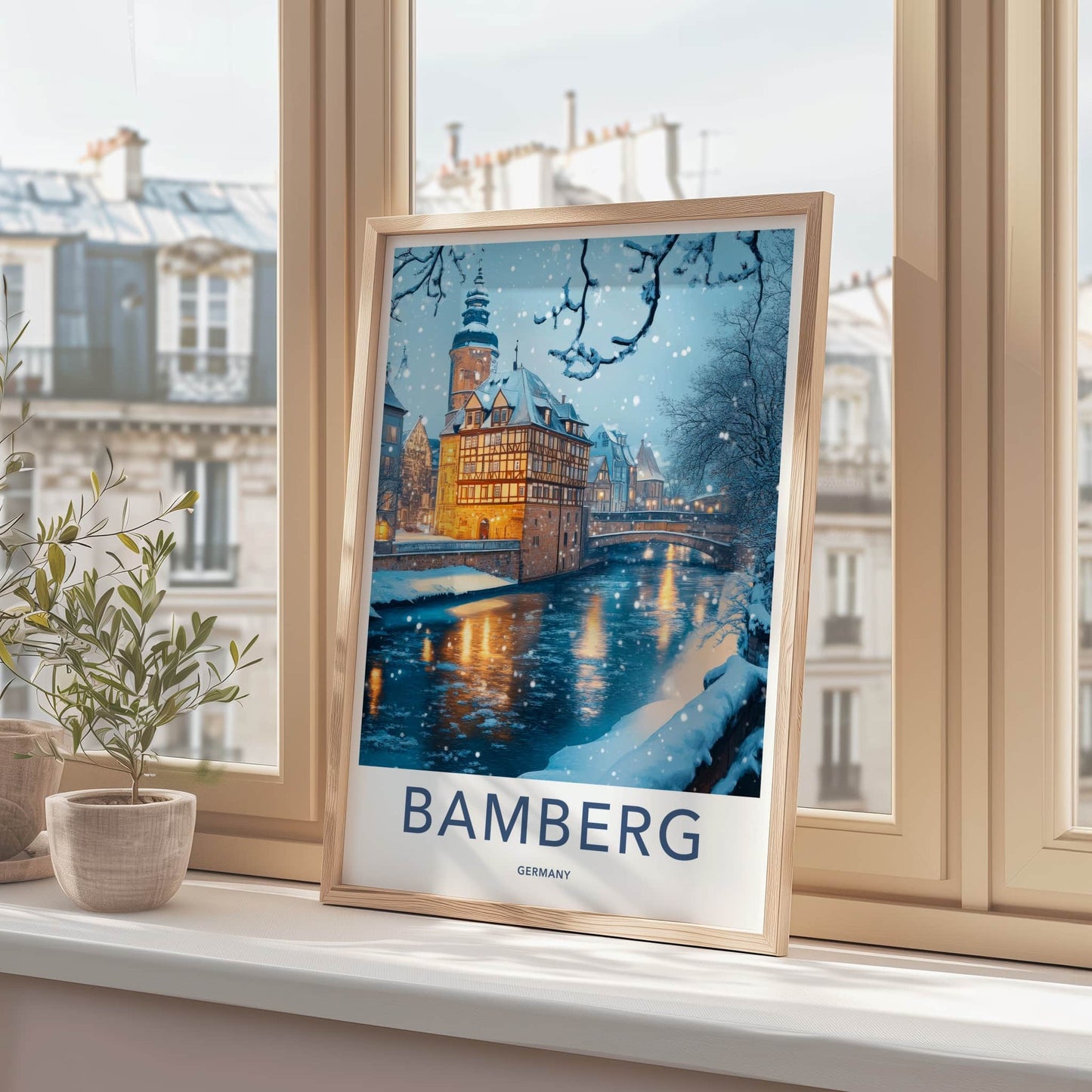 Bamberg Poster - Germany Framed Print - Illuminated Bridge Scene Lounge Decor