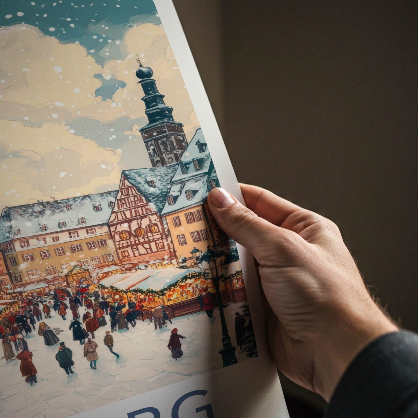 Bamberg Poster - Germany Travel Art - Snowy Market Square Home Decor