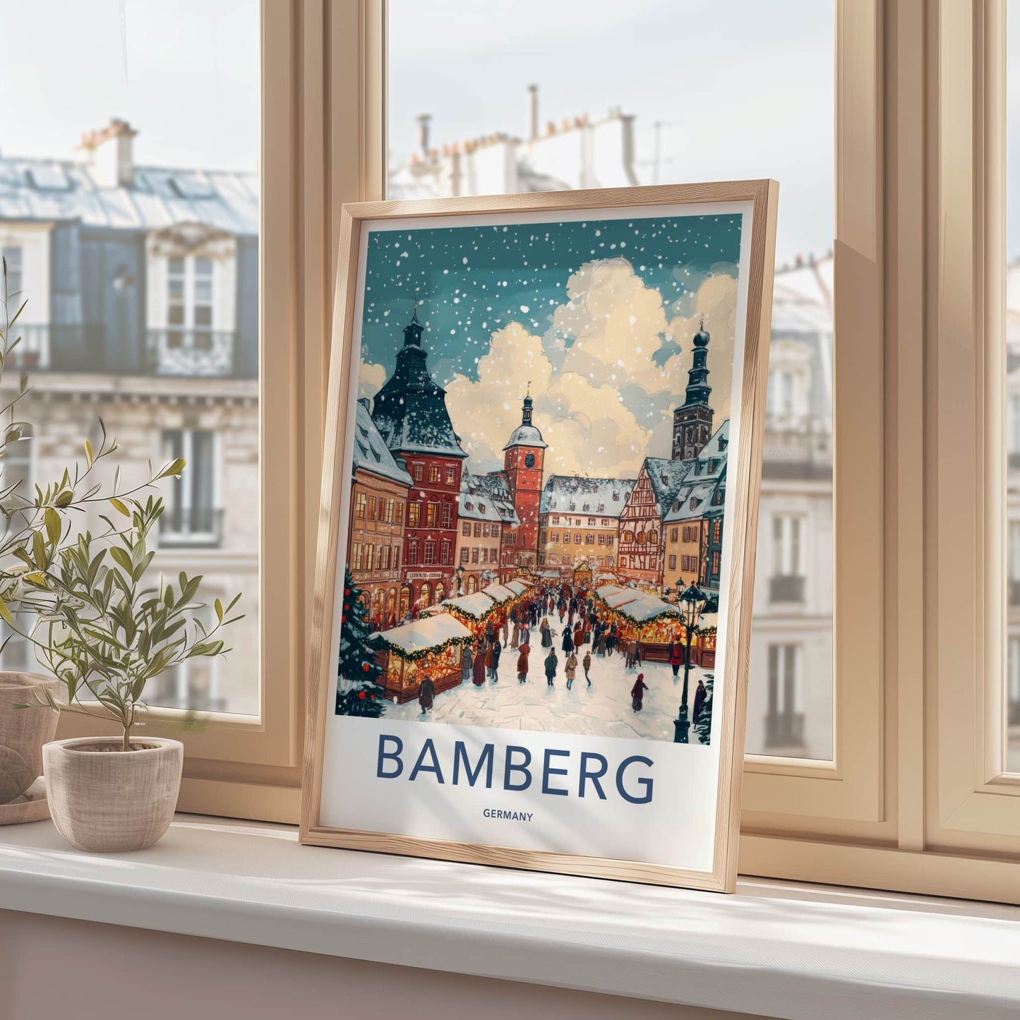 Bamberg Poster - Germany Travel Art - Snowy Market Square Home Decor