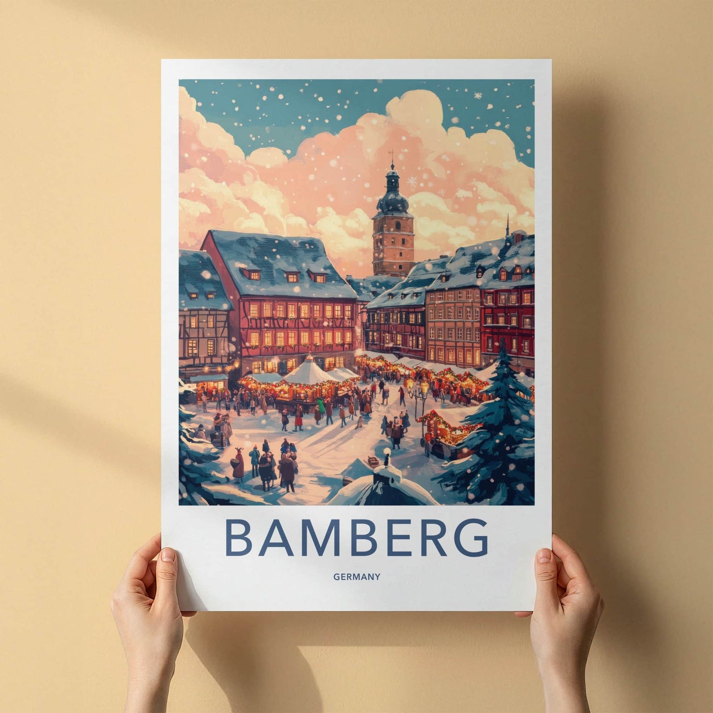 Bamberg Poster - Germany Travel Art - Snowy Market Square Home Decor