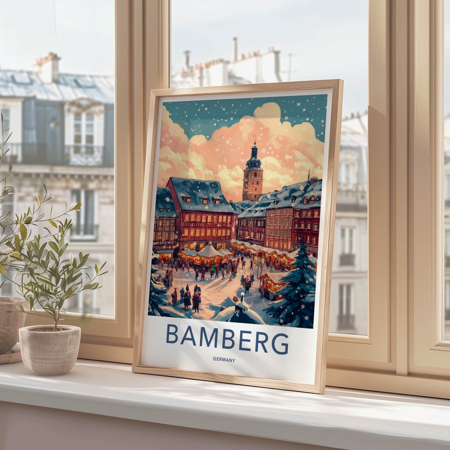 Bamberg Poster - Germany Travel Art - Snowy Market Square Home Decor