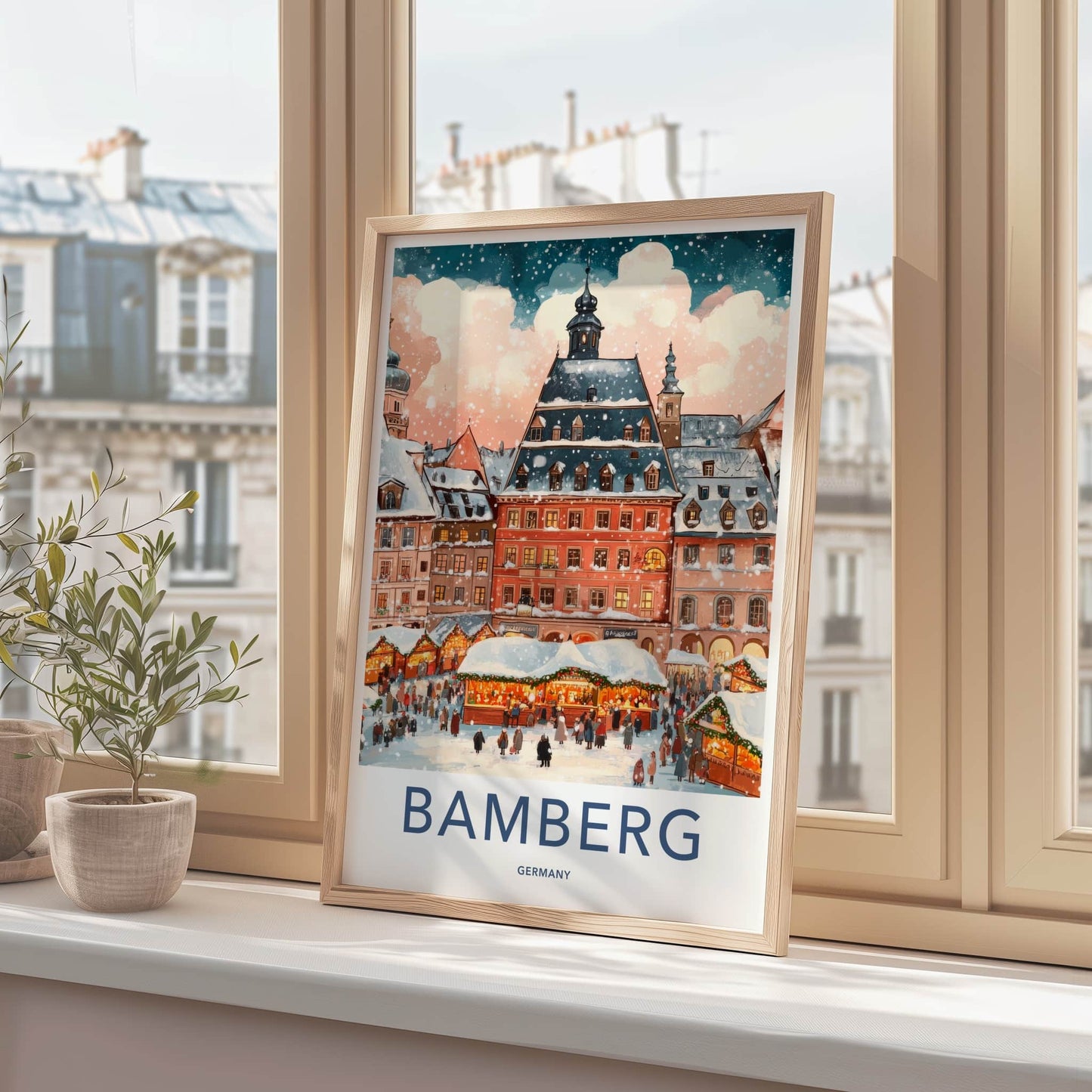Bamberg Poster - Germany Travel Art - Snowy Town Market Framed Decor