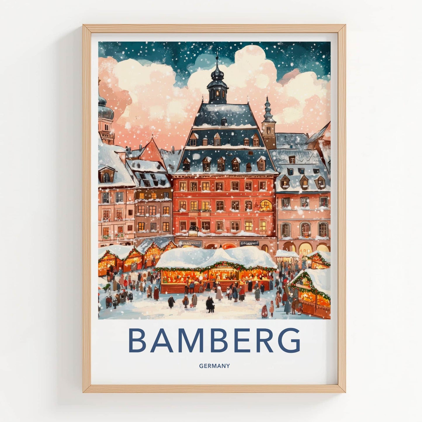 Bamberg Poster - Germany Travel Art - Snowy Town Market Framed Decor