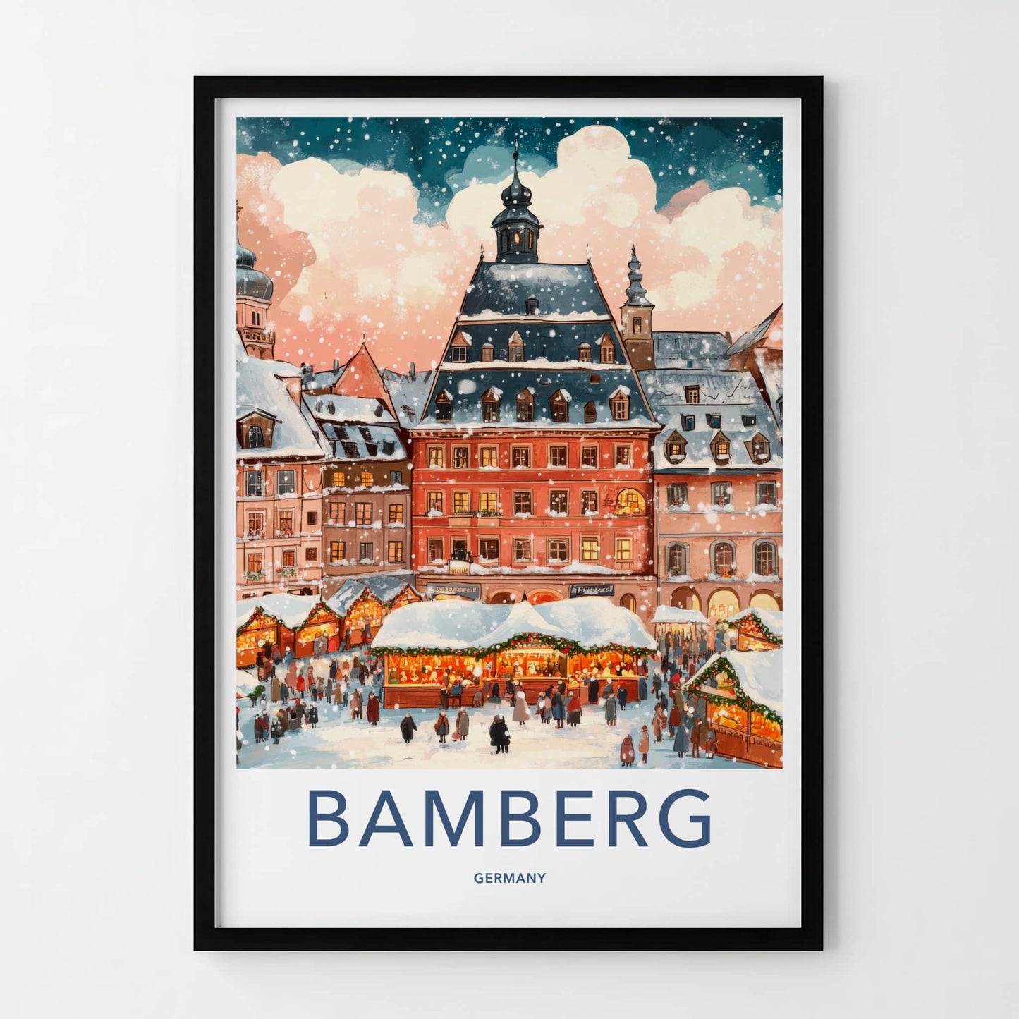 Bamberg Poster - Germany Travel Art - Snowy Town Market Framed Decor