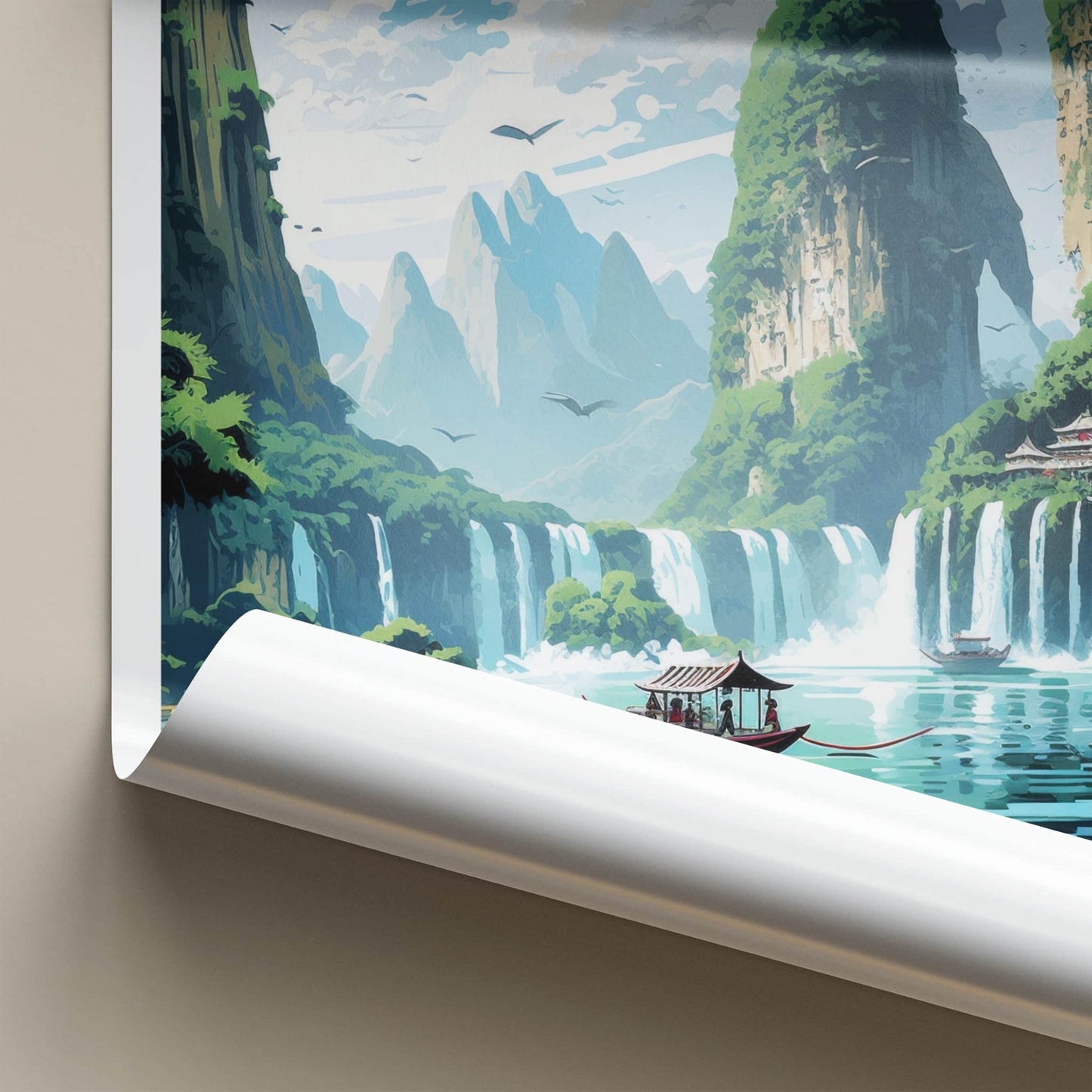 Ban Gioc Falls Poster - Vietnam Travel Art - Lush Mountains Waterfalls Home Decor
