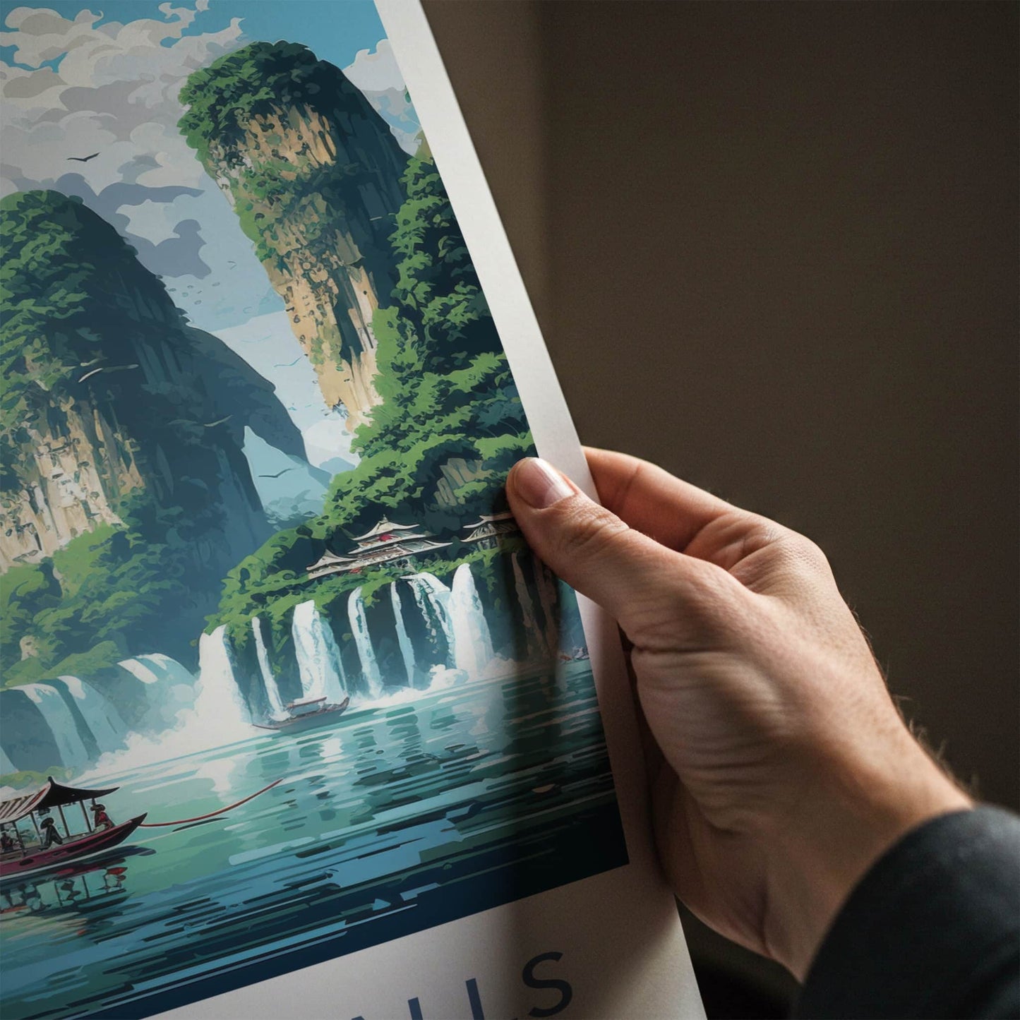 Ban Gioc Falls Poster - Vietnam Travel Art - Lush Mountains Waterfalls Home Decor