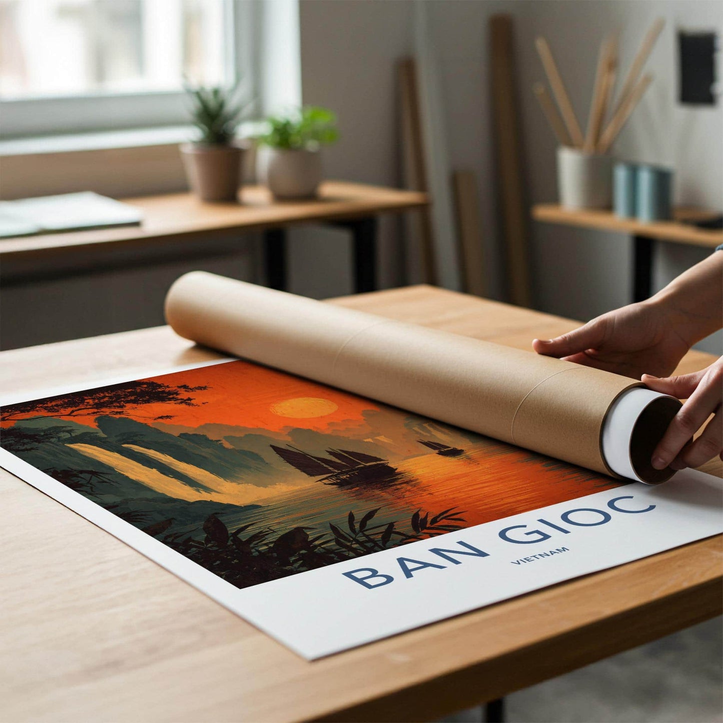 Ban Gioc Poster - Vietnam Travel Art - Fiery sunset boats Wall Decor