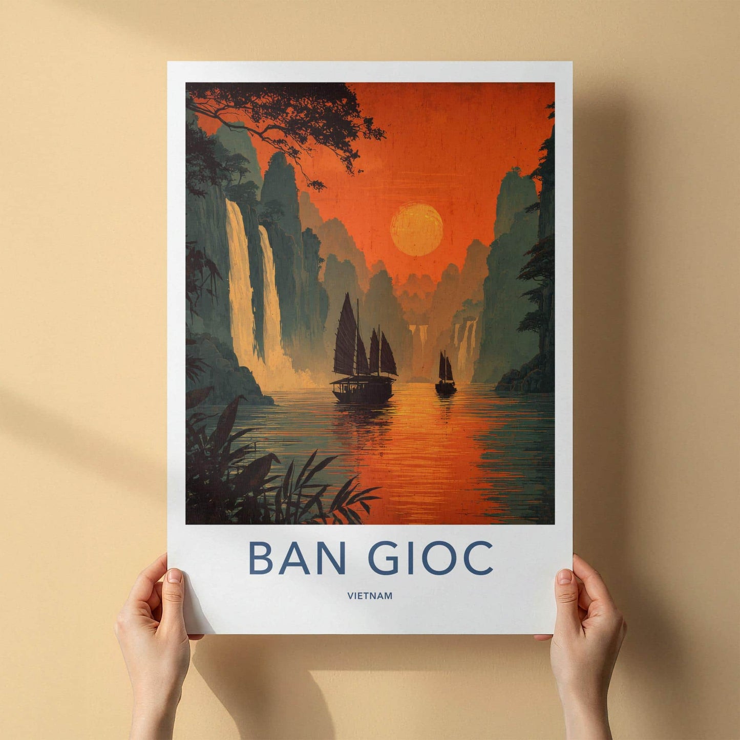 Ban Gioc Poster - Vietnam Travel Art - Fiery sunset boats Wall Decor