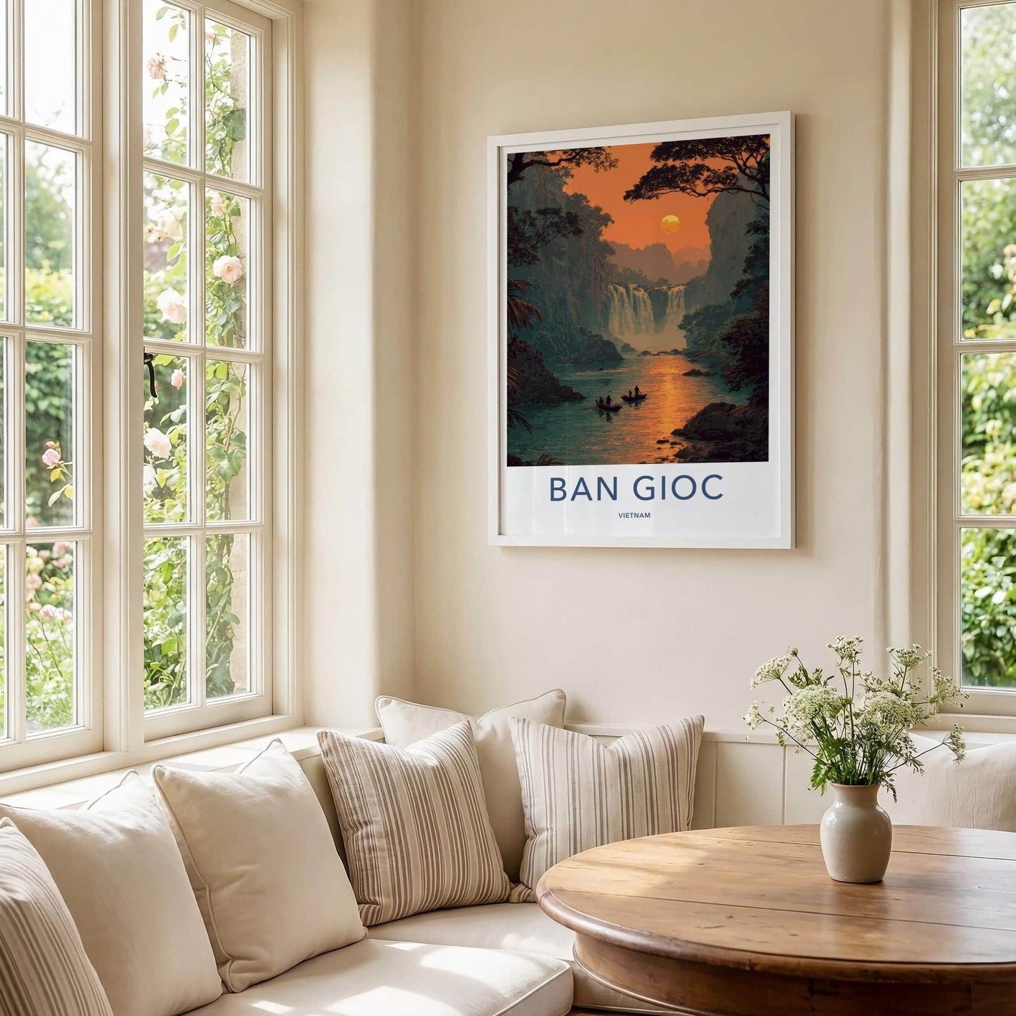 Ban Gioc Poster - Vietnam Travel Art - Lush River Falls Sunset Home Decor