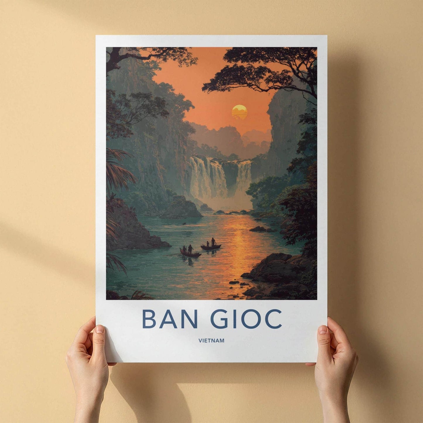 Ban Gioc Poster - Vietnam Travel Art - Lush River Falls Sunset Home Decor