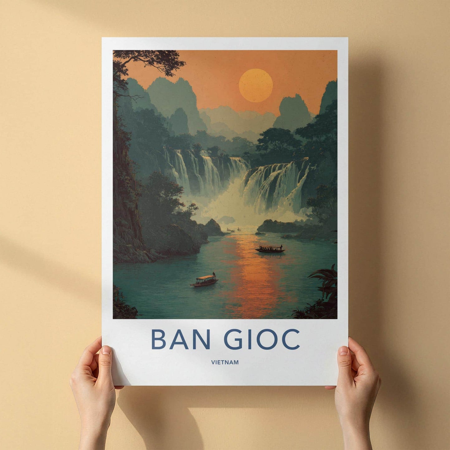 Ban Gioc Poster - Vietnam Travel Art - Misty waterfall boats Wall Decor