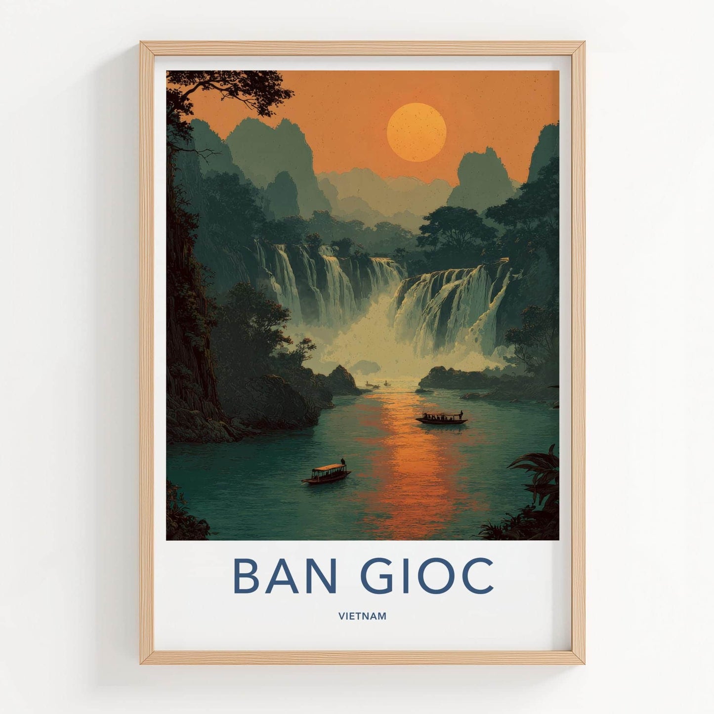 Ban Gioc Poster - Vietnam Travel Art - Misty waterfall boats Wall Decor