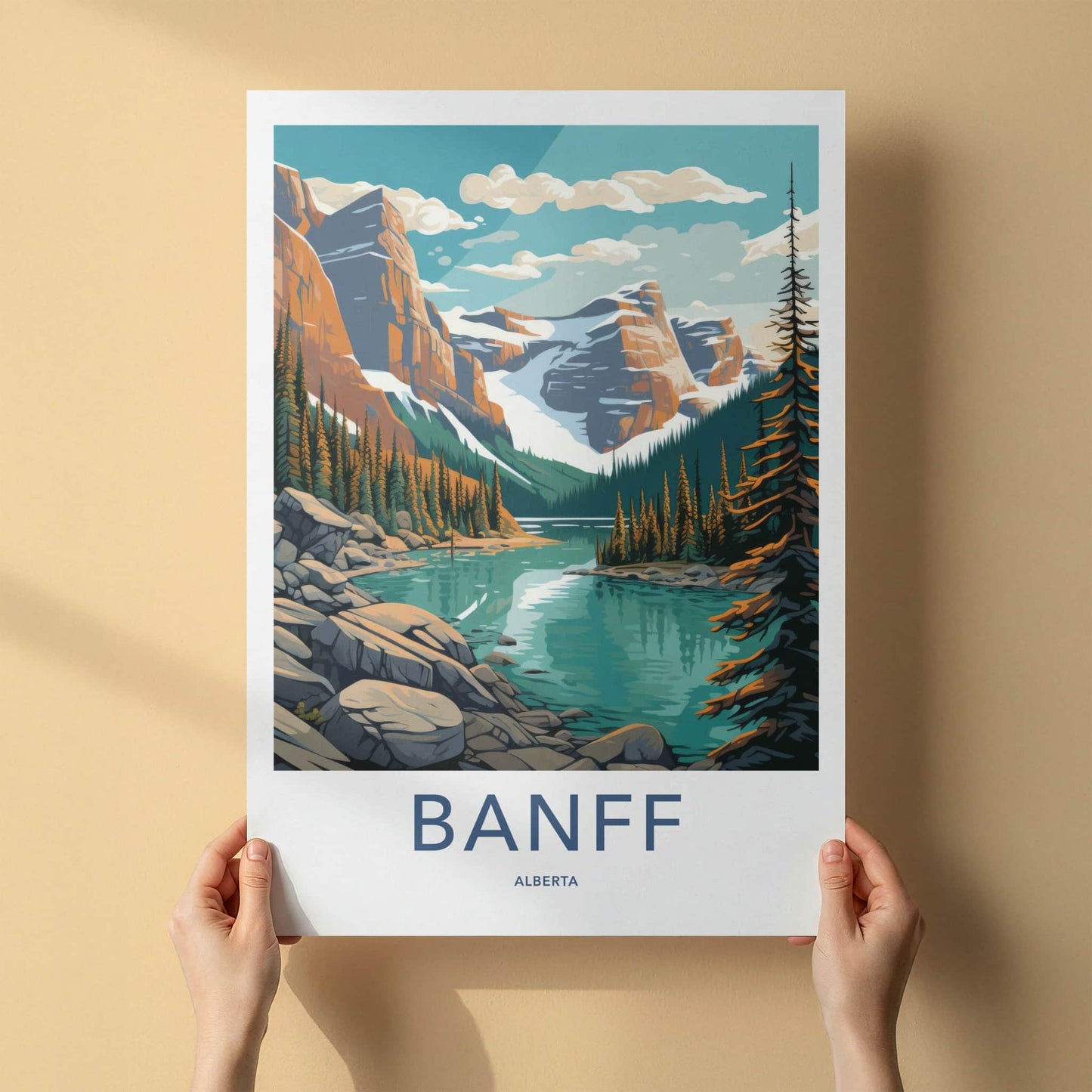 Banff Poster - Canada Travel Art - Mountain Lake Pines Home Decor