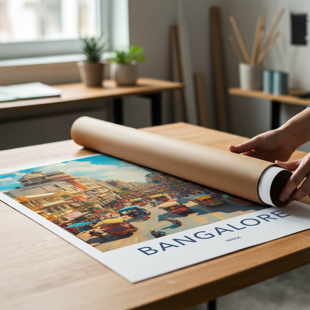 Bangalore Poster - India Travel Art - Karnataka Bustling Cityscape Street Home Decor