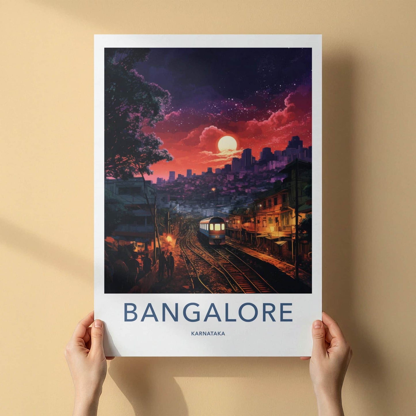 BANGALORE Poster - India Travel Art - Karnataka Moonlit Train Station Home Decor
