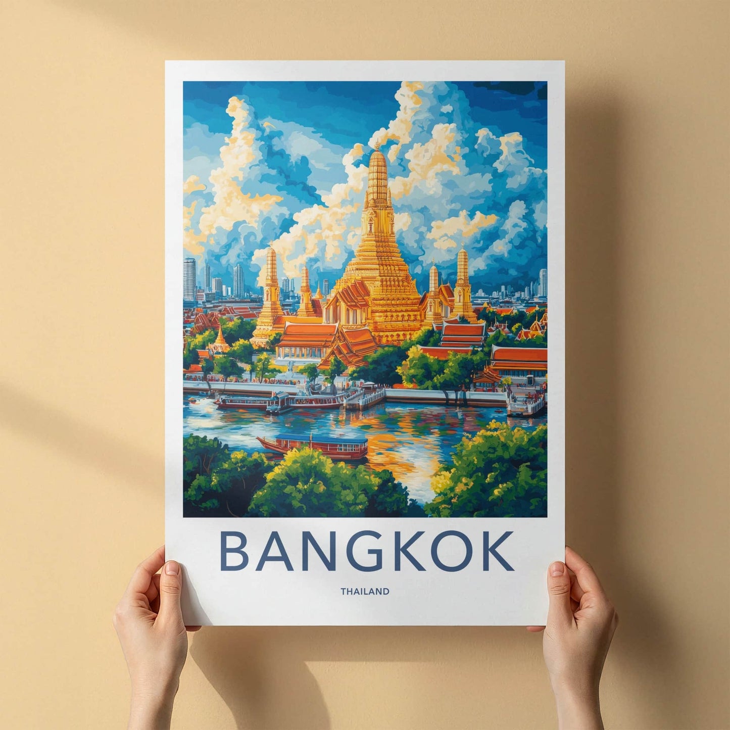 Bangkok Poster - Thailand Travel Art - Golden Temple River Wall Decor