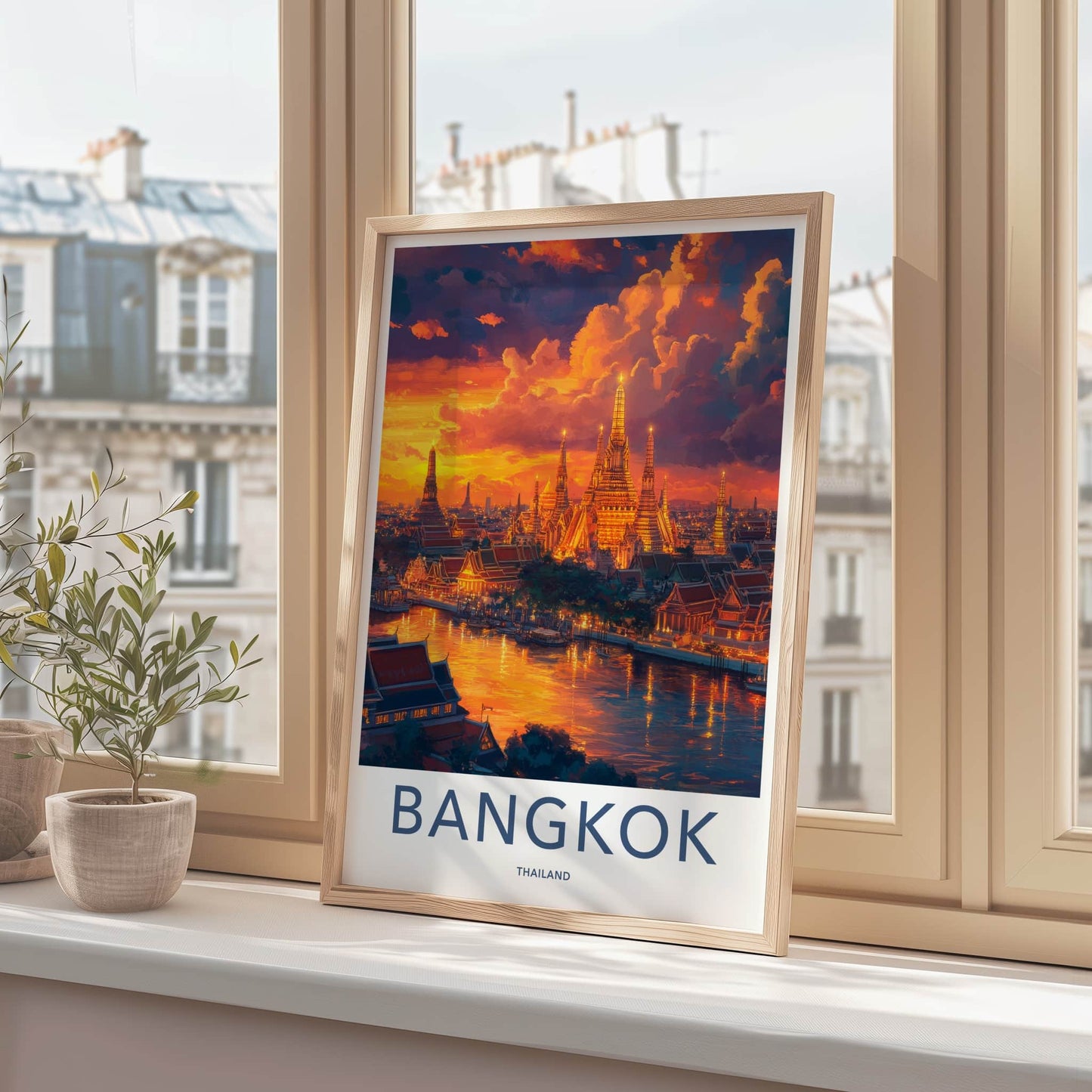 Bangkok Poster - Thailand Travel Art - Illuminated Temple River Home Decor