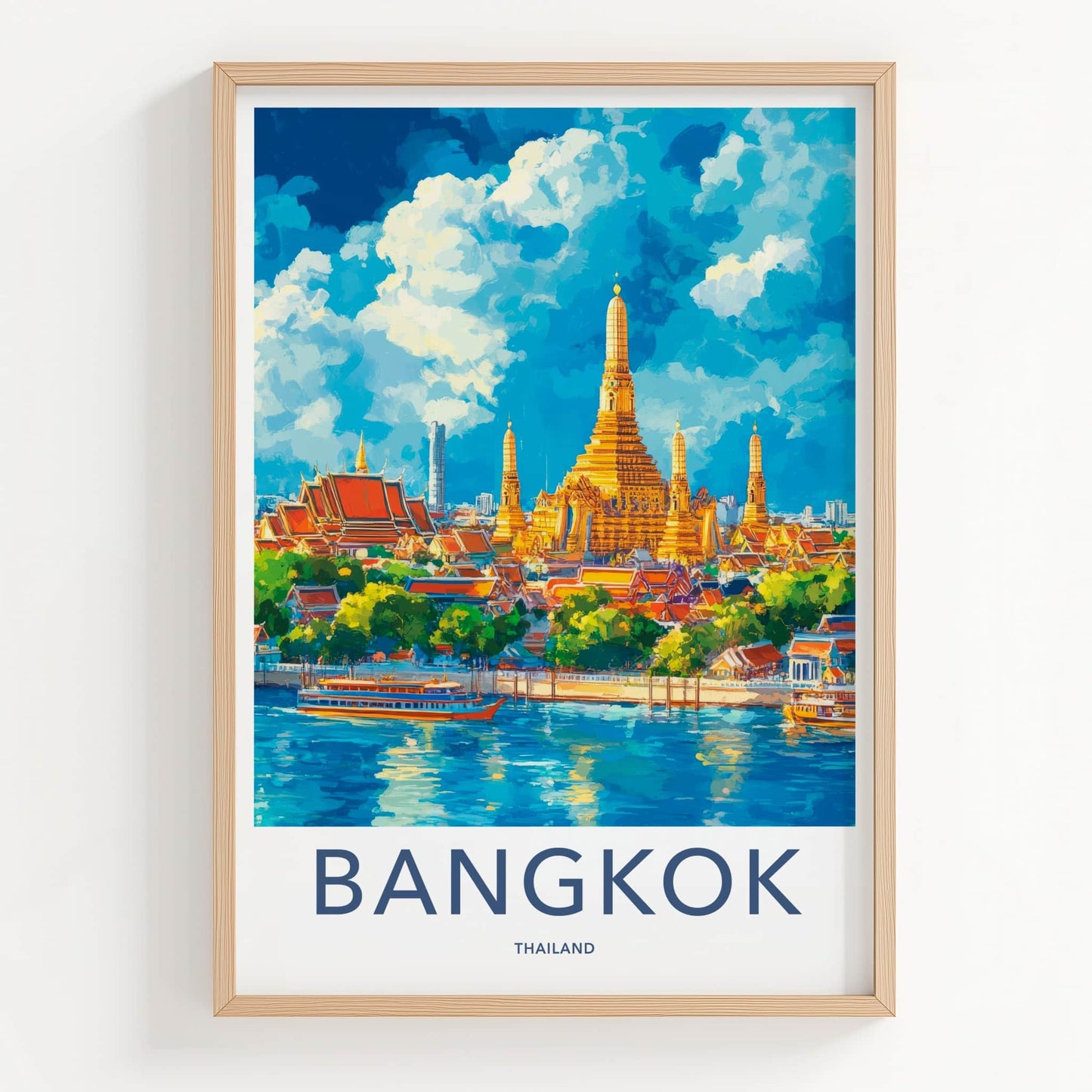 Bangkok Poster - Thailand Travel Art - Riverside Golden Temple Home Decor