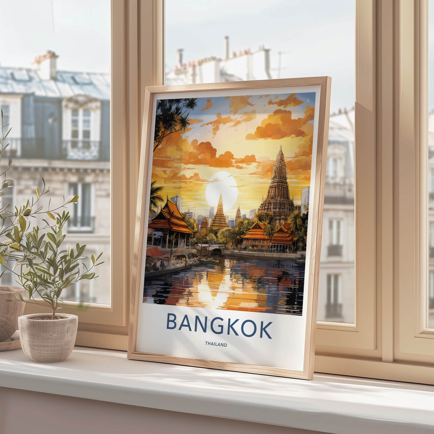 Bangkok Poster - Thailand Travel Art - Temple River Sunset Home Decor