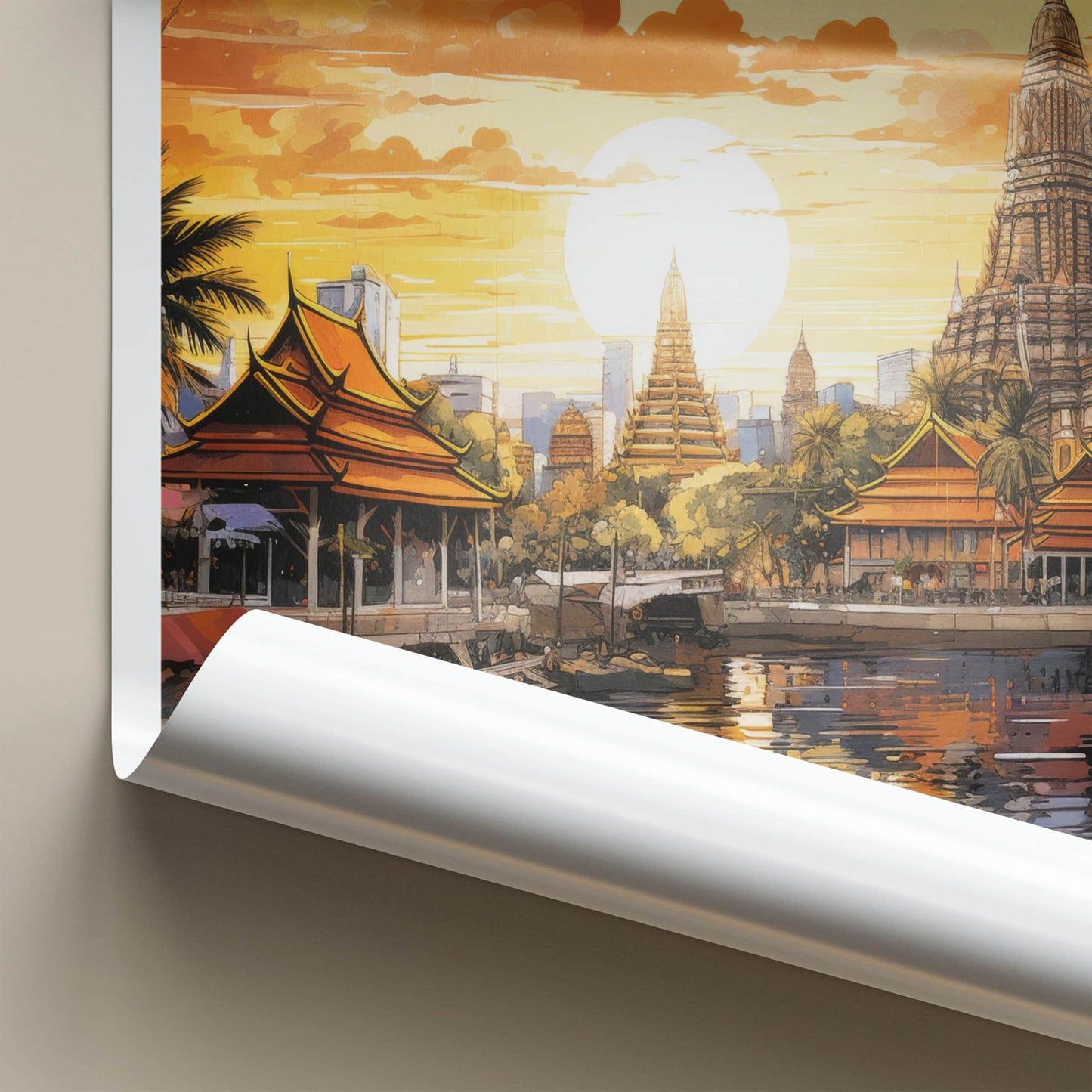 Bangkok Poster - Thailand Travel Art - Temple River Sunset Home Decor