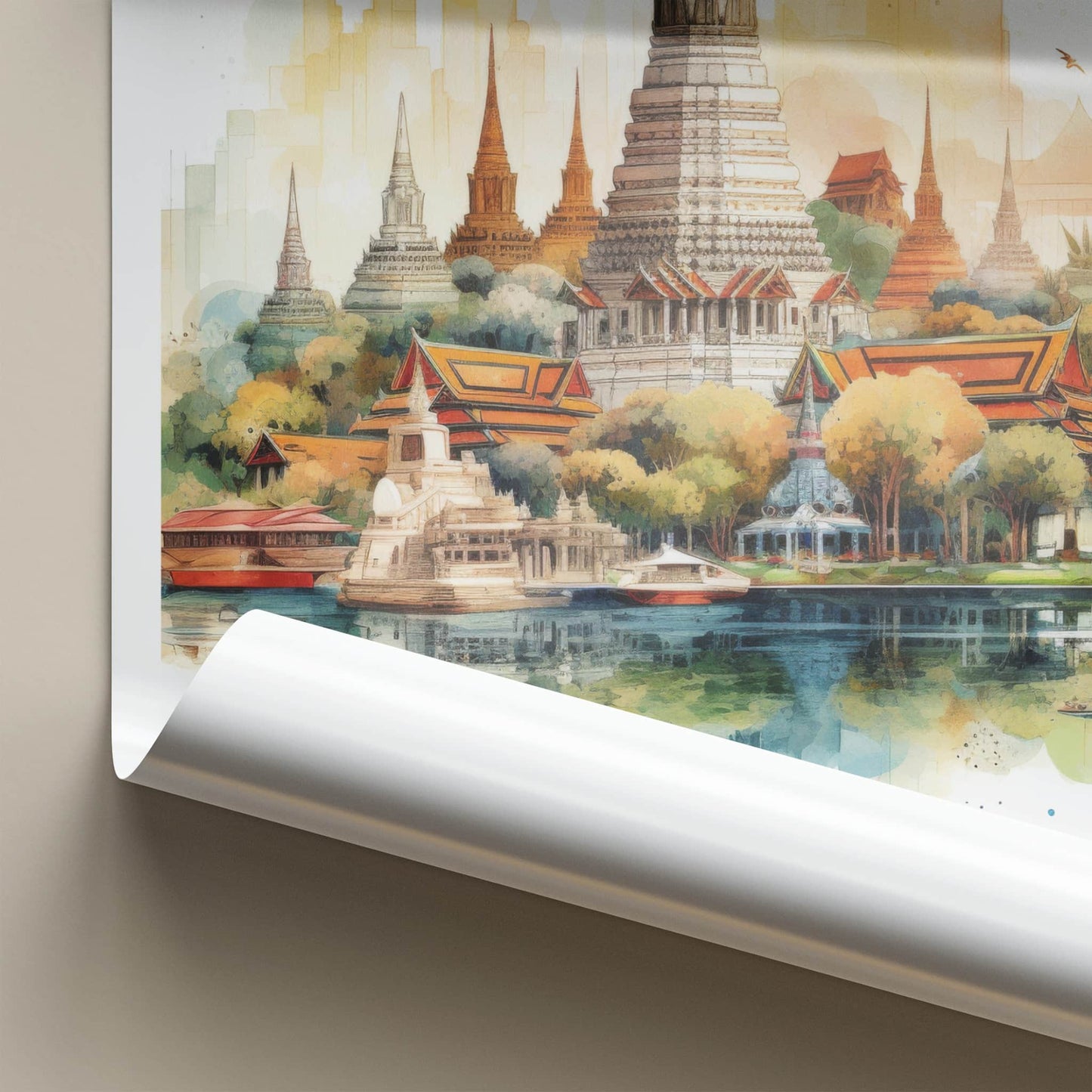 Bangkok Poster - Thailand Travel Art - Temple Waterfront Reflection Home Decor