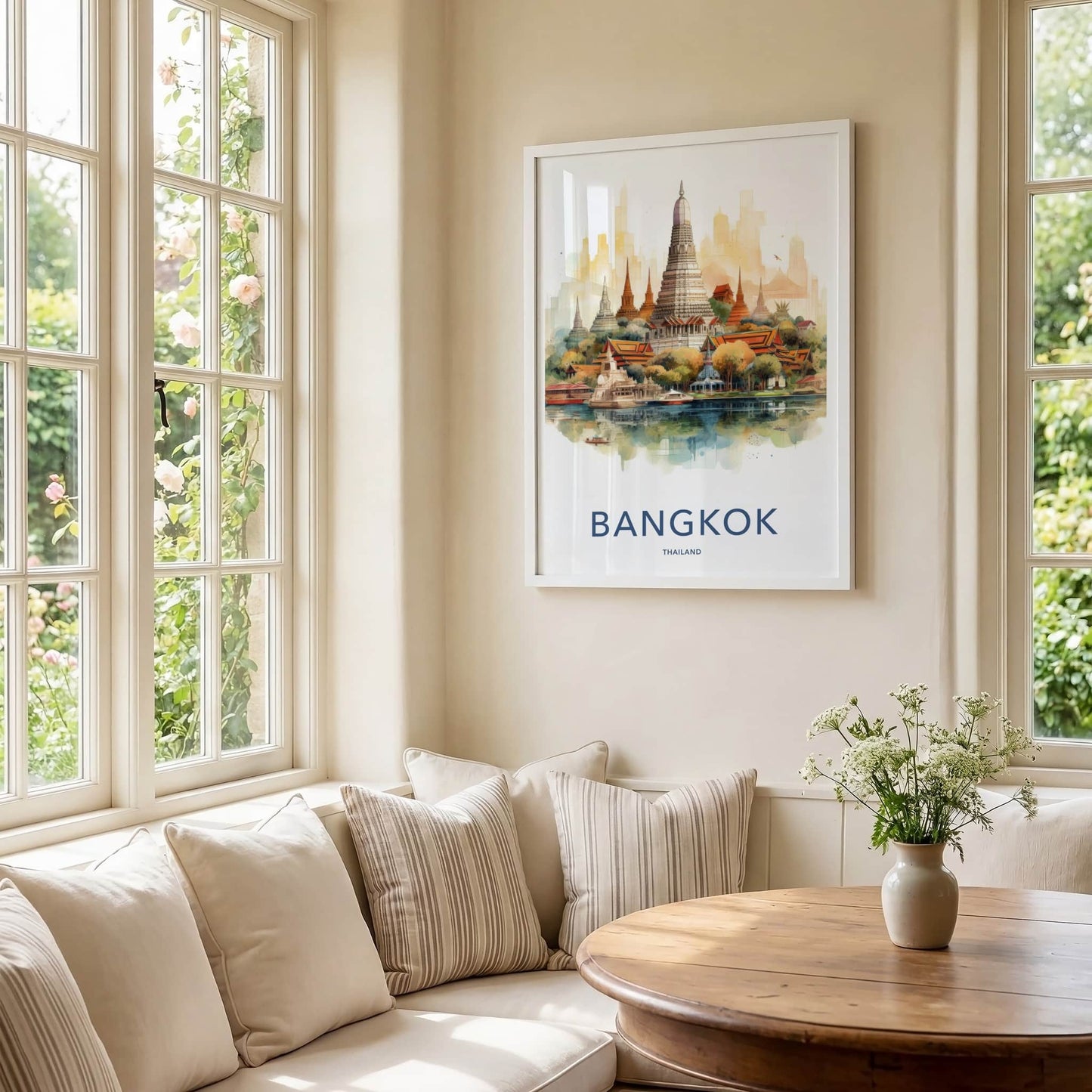 Bangkok Poster - Thailand Travel Art - Temple Waterfront Reflection Home Decor