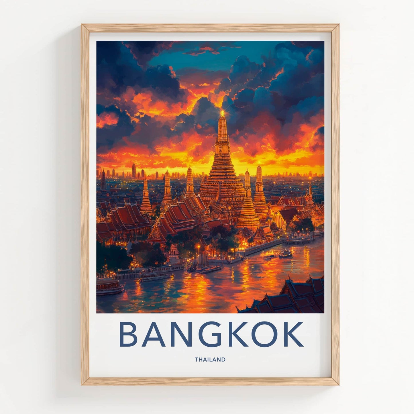 Bangkok Poster - Thailand Travel Art - Vibrant Temple River Home Decor