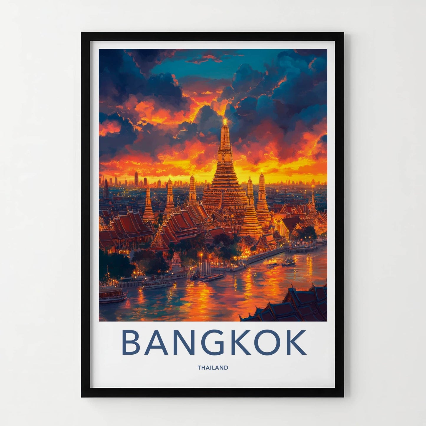 Bangkok Poster - Thailand Travel Art - Vibrant Temple River Home Decor