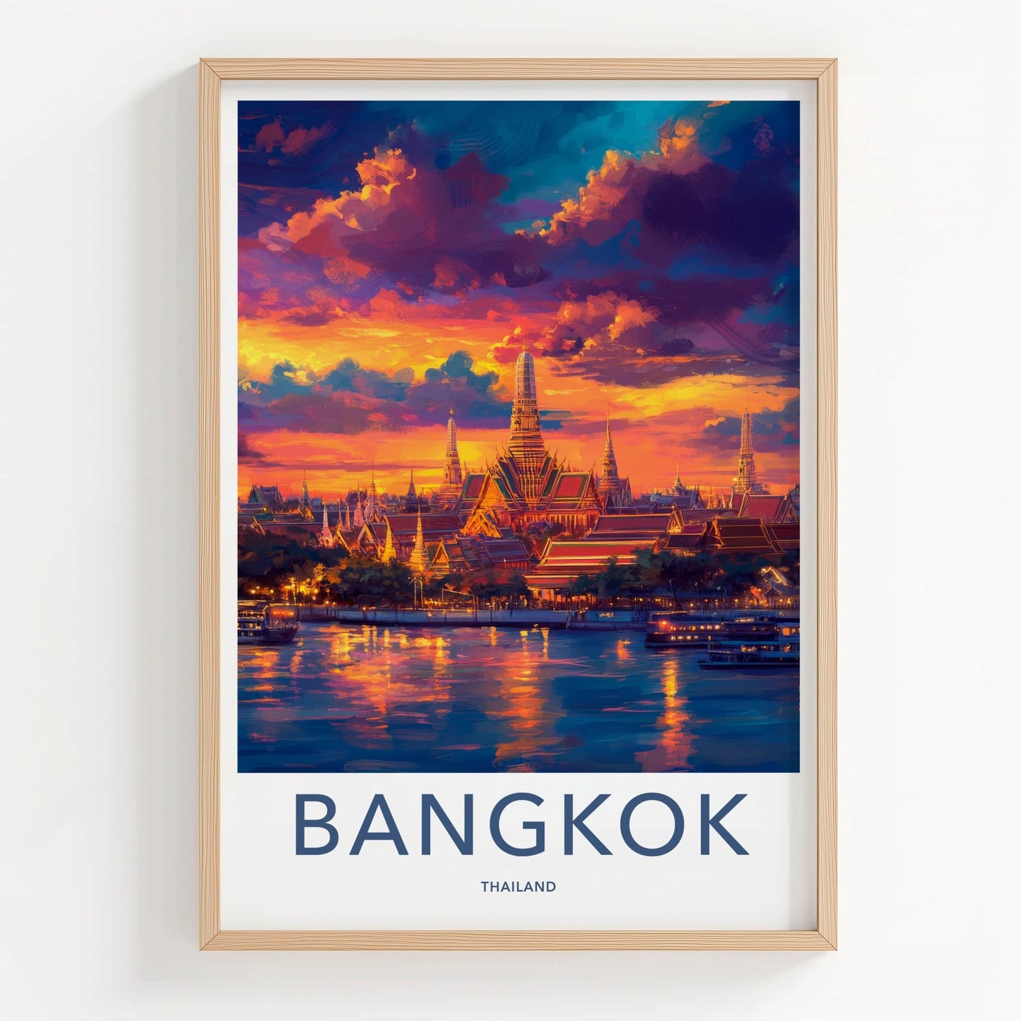 Bangkok Poster - Thailand Travel Art - Vibrant Temple Sunset Home Decor
