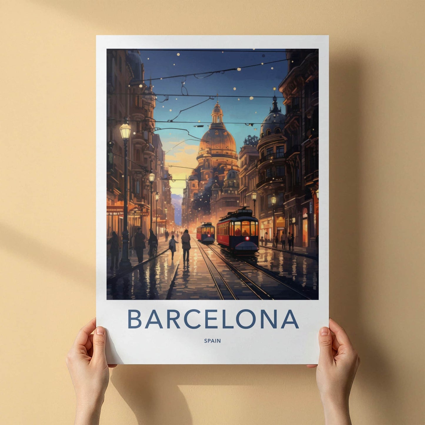 Barcelona Poster - Spain Art Print - Historic Tramway Evening Wall Decor