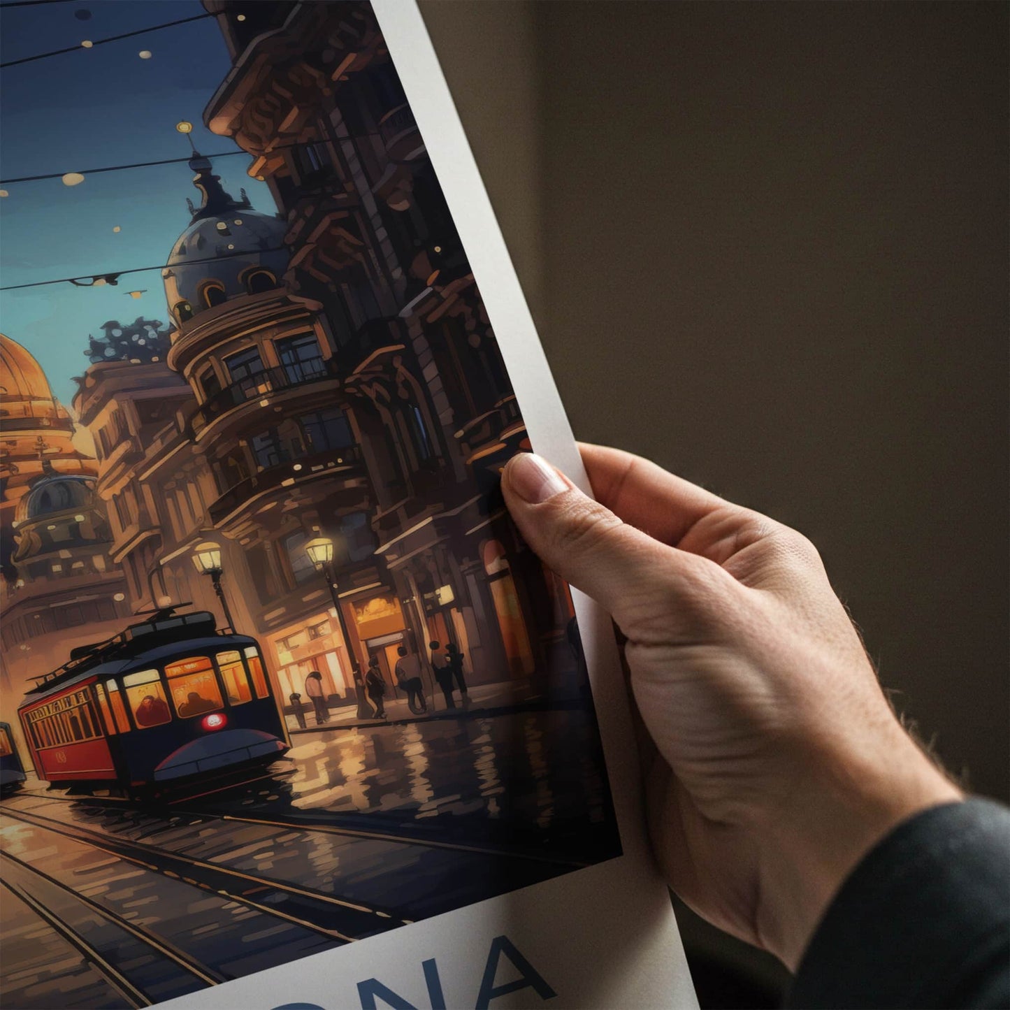 Barcelona Poster - Spain Art Print - Historic Tramway Evening Wall Decor