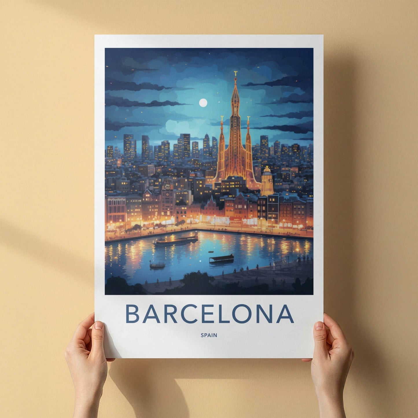 Barcelona Poster - Spain Travel Art - Cityscape River Reflections Wall Decor