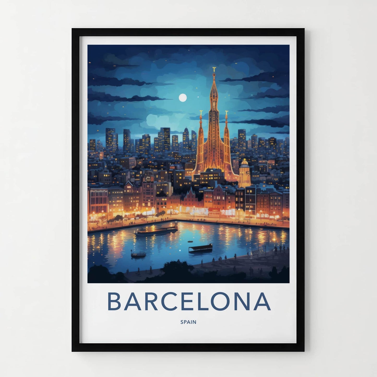 Barcelona Poster - Spain Travel Art - Cityscape River Reflections Wall Decor