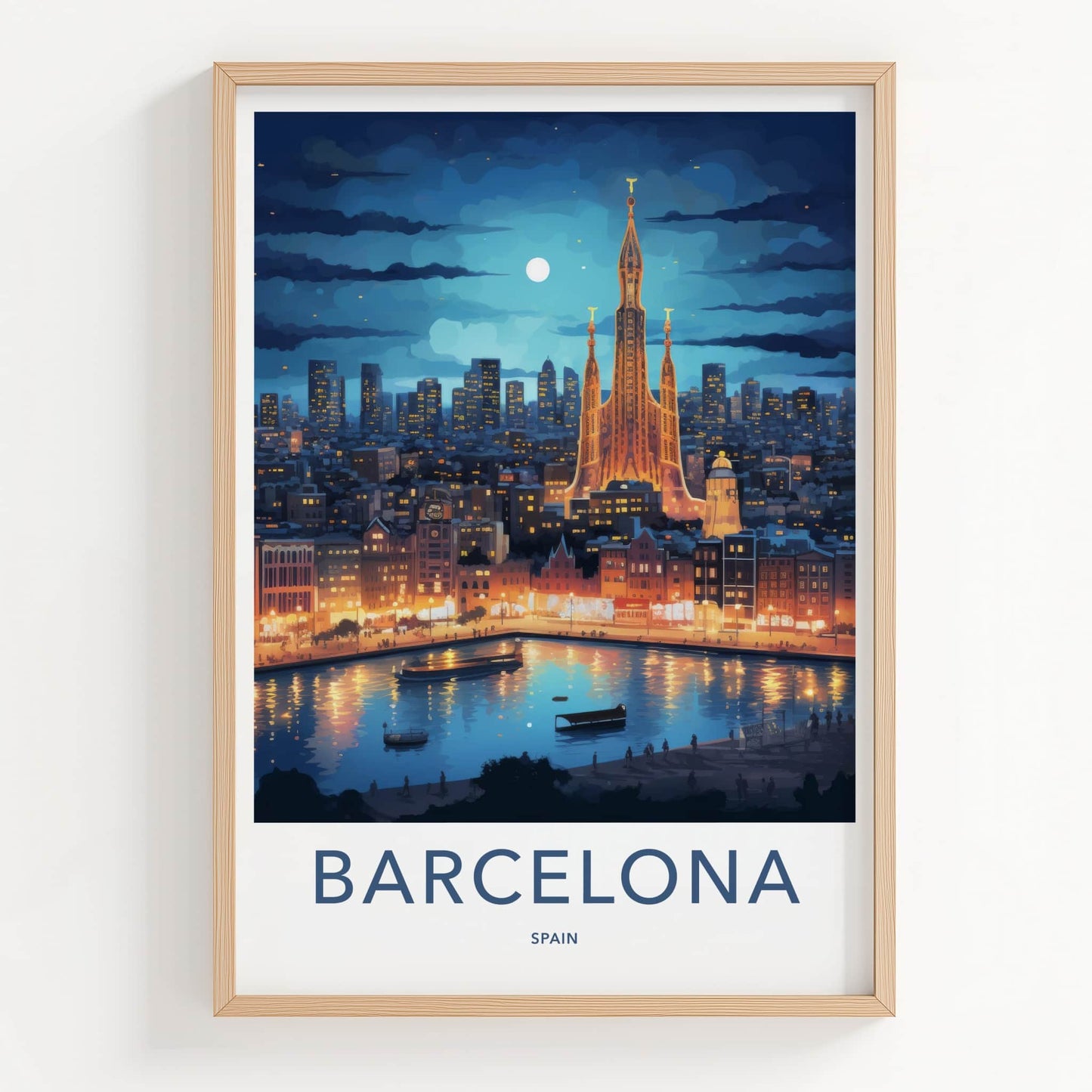 Barcelona Poster - Spain Travel Art - Cityscape River Reflections Wall Decor