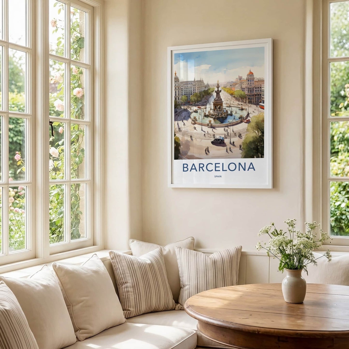 Barcelona Poster - Spain Travel Art - Historic Fountain Square Home Decor